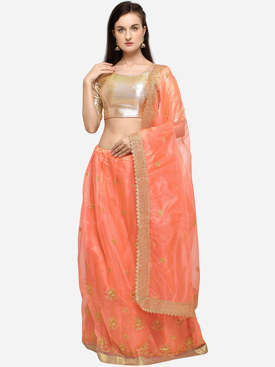 

SAADHVI Peach-Coloured & Gold-Toned Embellished Semi-Stitched Lehenga & Unstitched Blouse with Dupatta