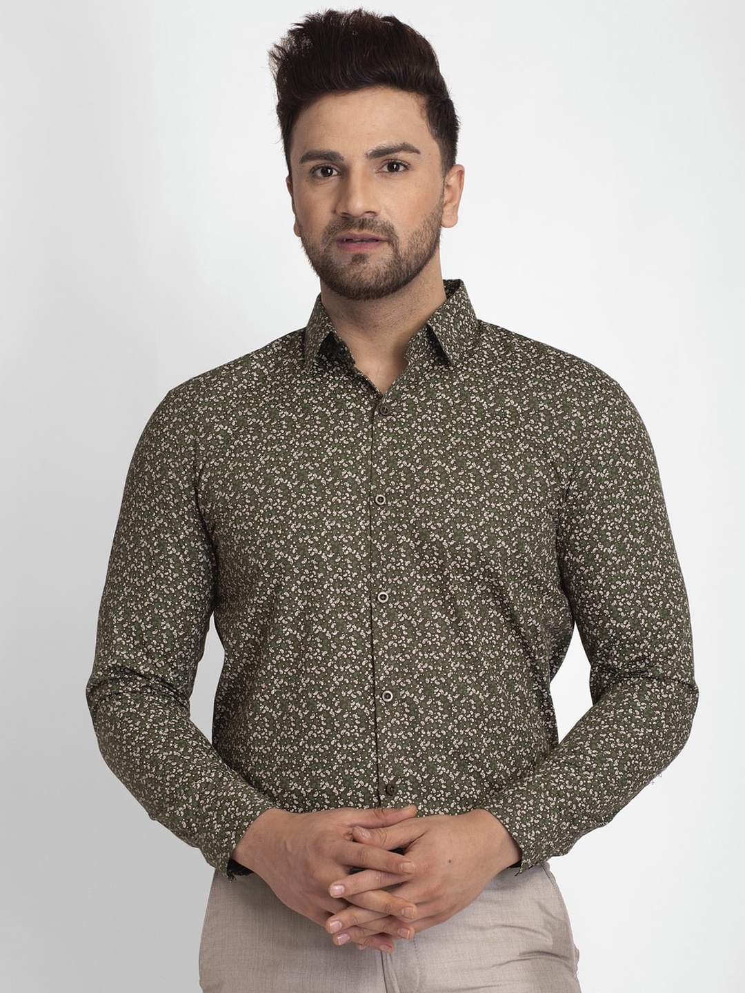 

JAINISH Men Olive Green & Beige Regular Fit Printed Formal Shirt