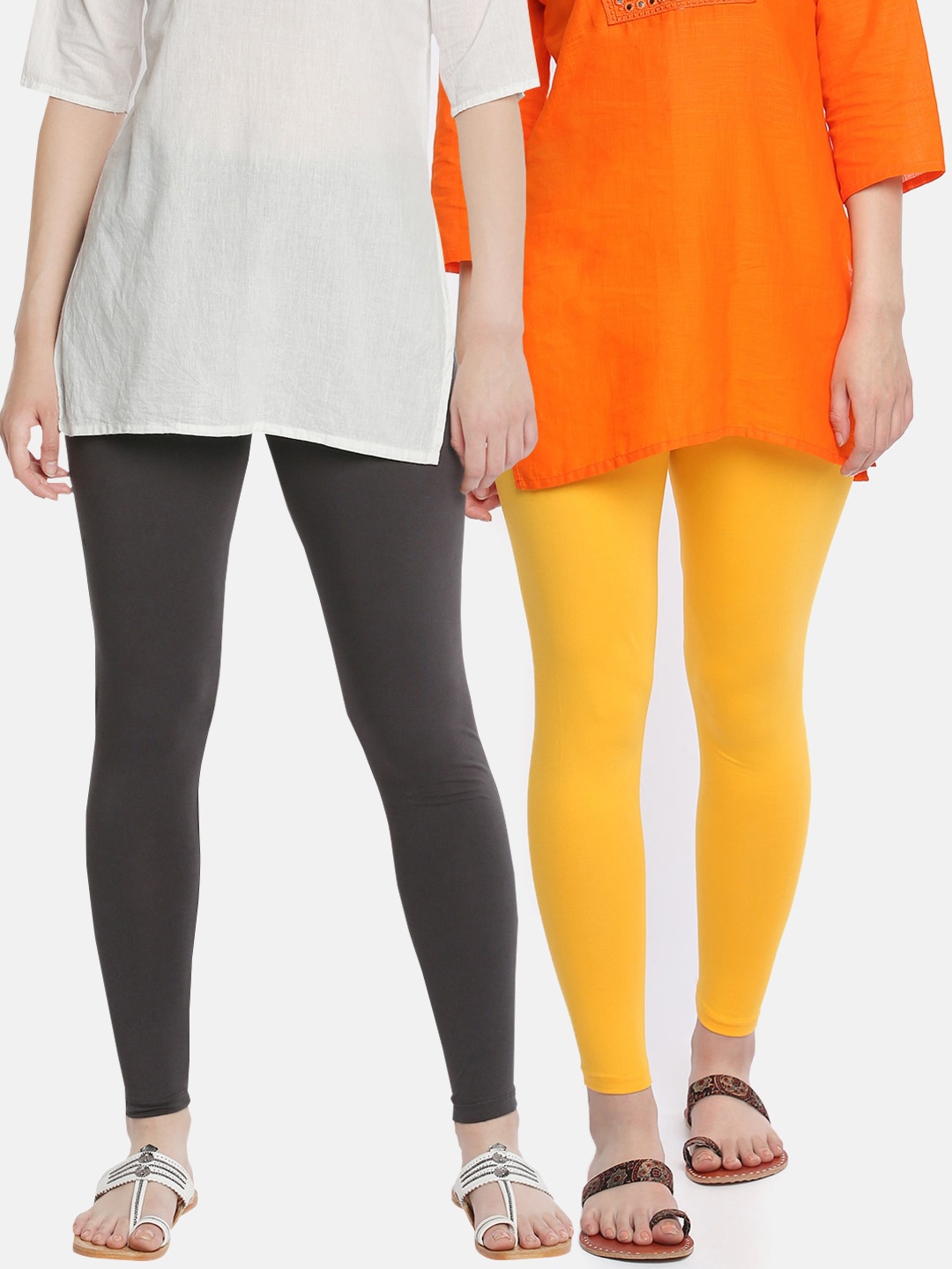 

Dollar Missy Women Charcoal Grey & Yellow Solid Pack Of 2 Ankle-Length Leggings