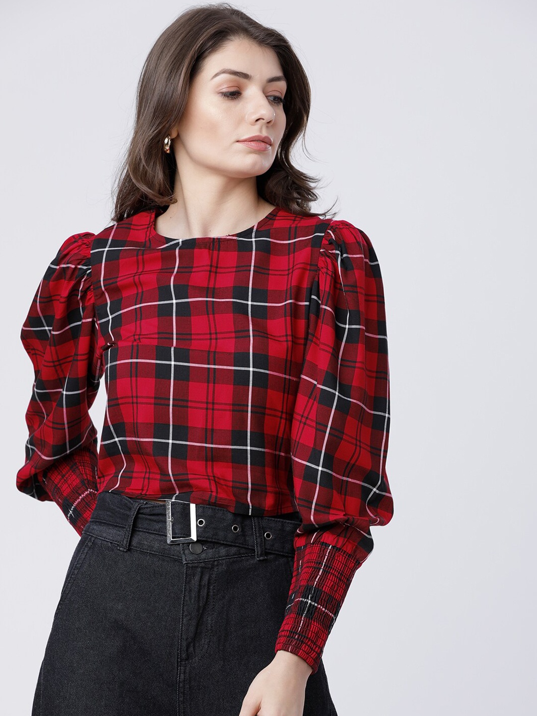 

Tokyo talkies Red & Black Checked Smocked Top