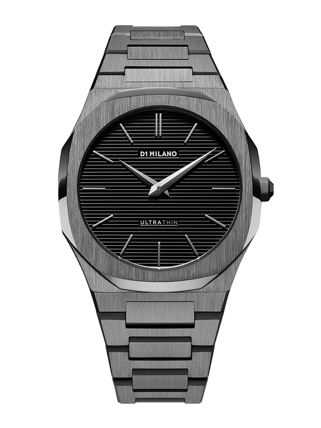 

D1 Milano Men Gun-Metal Ultra Thin Bracelet Black With Engraved Stripes Dial Watch UTBJ15, Metallic