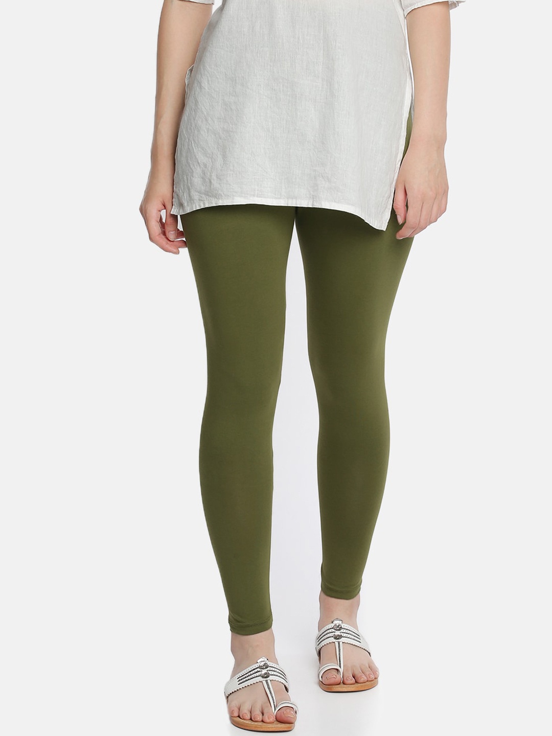 

Dollar Missy Women Olive Green Solid Ankle-Length Leggings