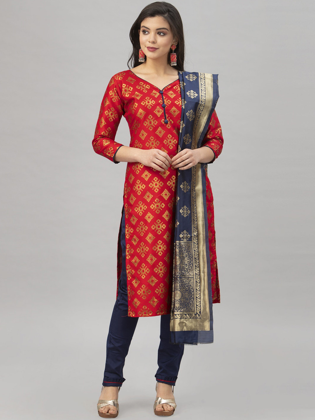 

Satrani Red & Navy Blue Poly Silk Unstitched Dress Material