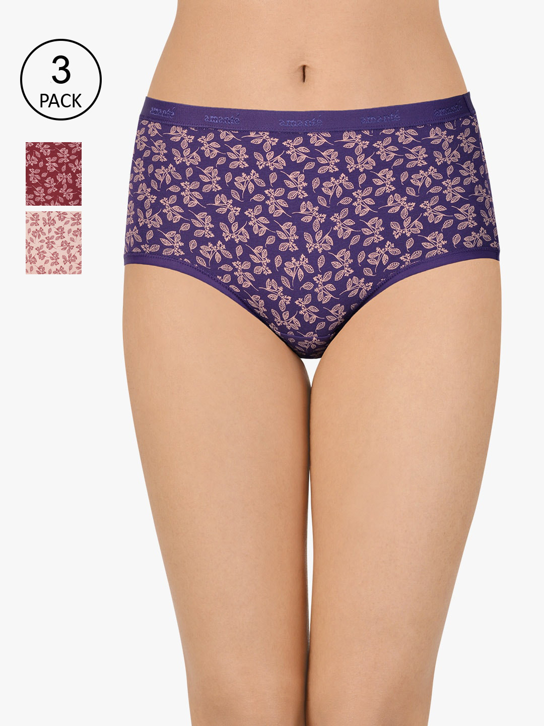 

Amante Women Pack Of 3 Printed High-Rise High Waist Basic Briefs PPK53101, Assorted