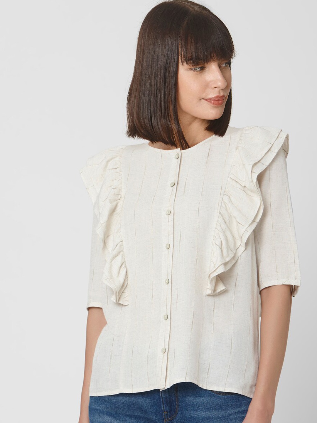 

Vero moda Beige Solid Shirt Style Top