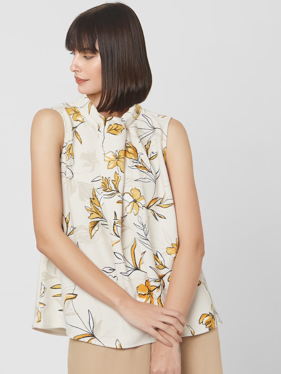 Vero Moda Women Cream-coloured & Yellow Printed Regular top