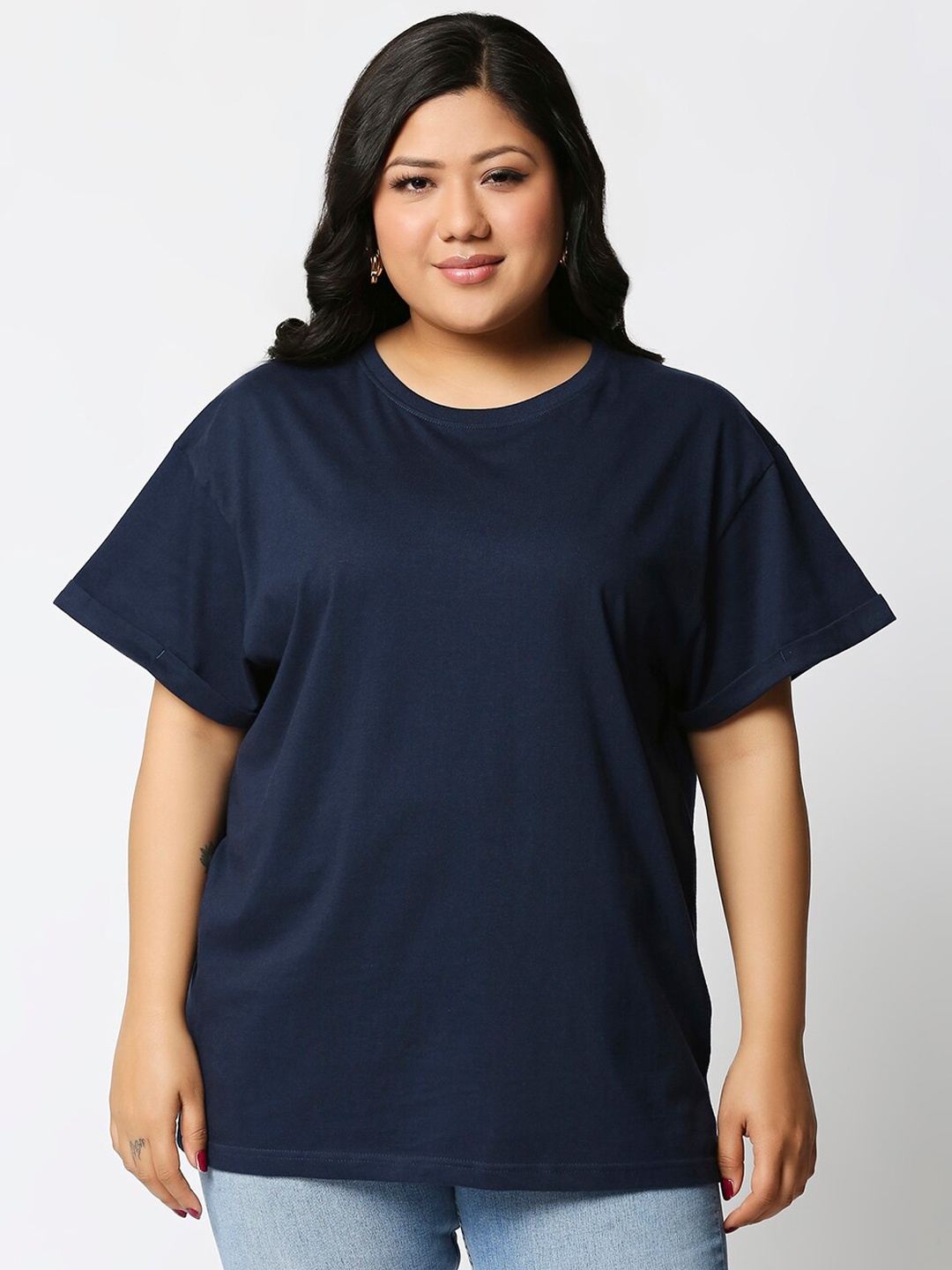 

Bewakoof Plus Women Blue Solid Round Neck Boyfriend T-Shirt