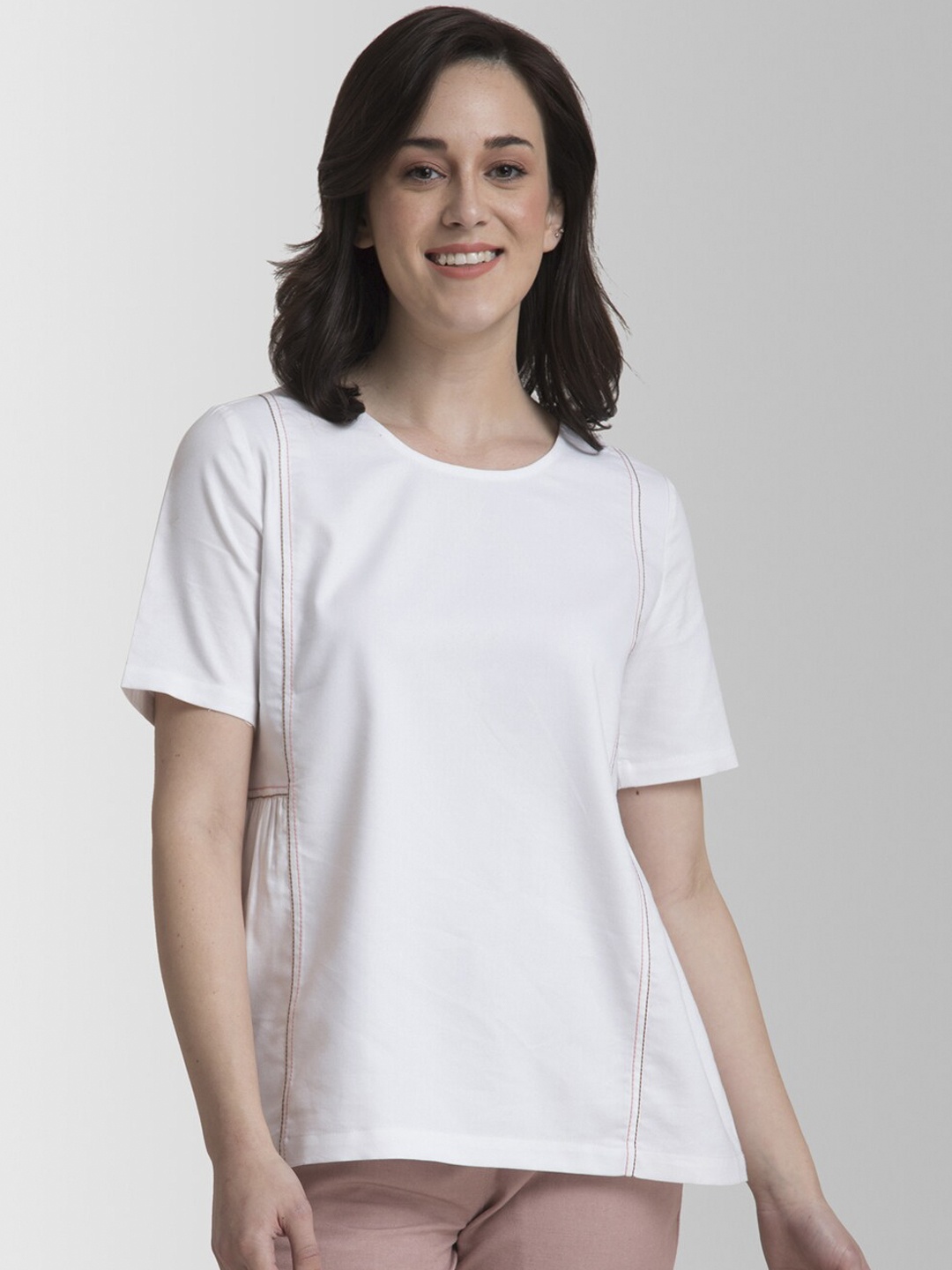

FableStreet Women White Solid Gathered Top