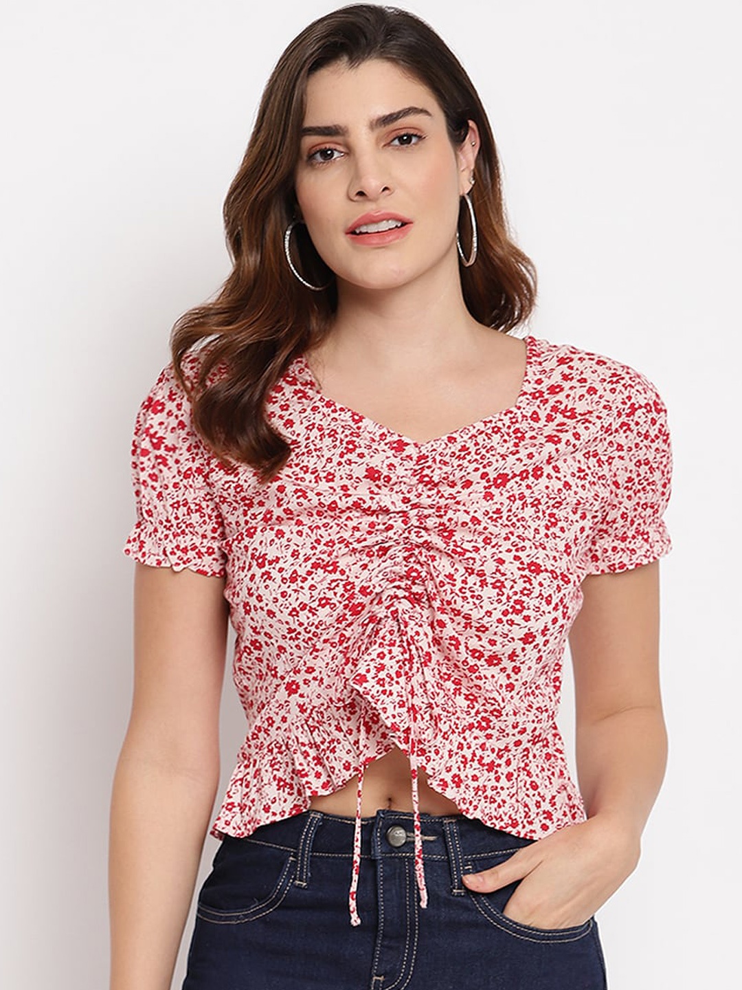 

Marc loire Pink & Red Puff Sleeves Fitted Crop Top