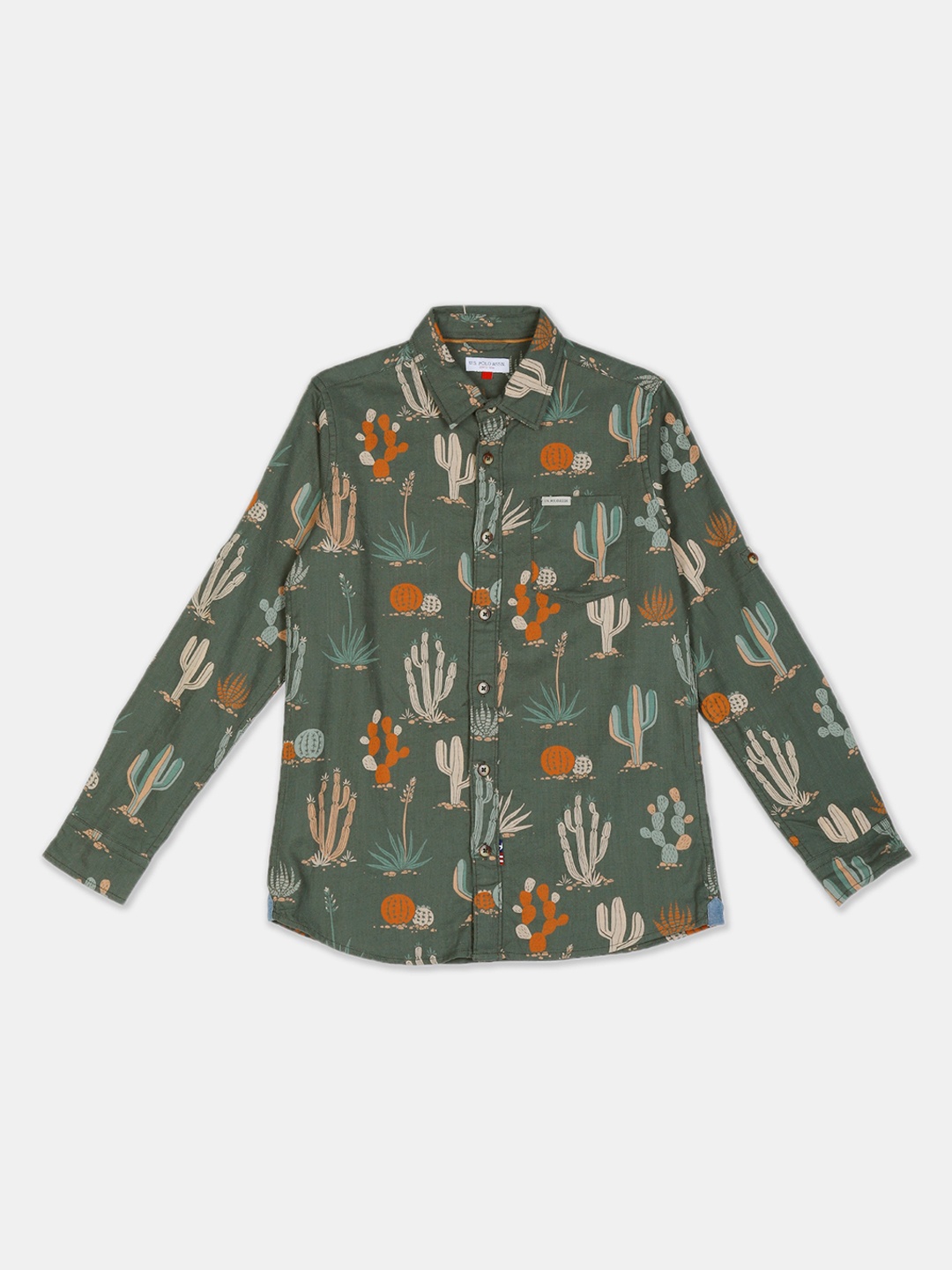 

U.S. Polo Assn. Kids Boys Olive Green & Beige Regular Fit Printed Casual Shirt