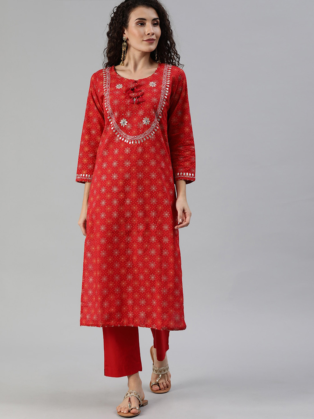 

Ishin Women Red Printed Kurta with Trousers
