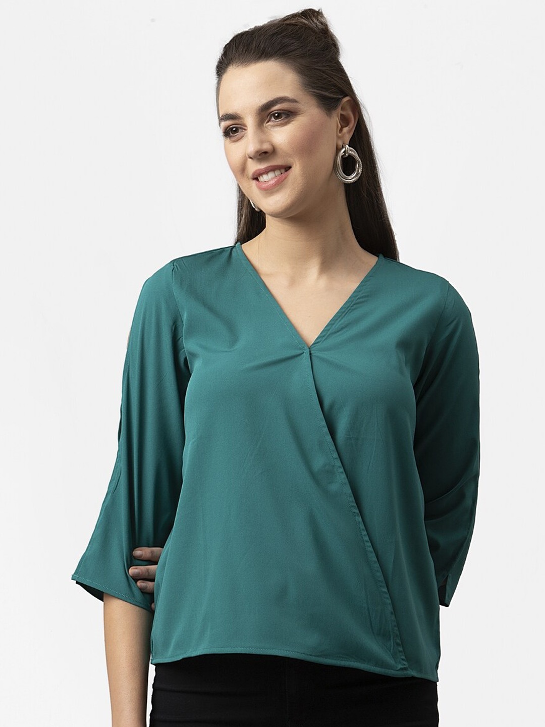 

Style Quotient Teal Green Wrap Top