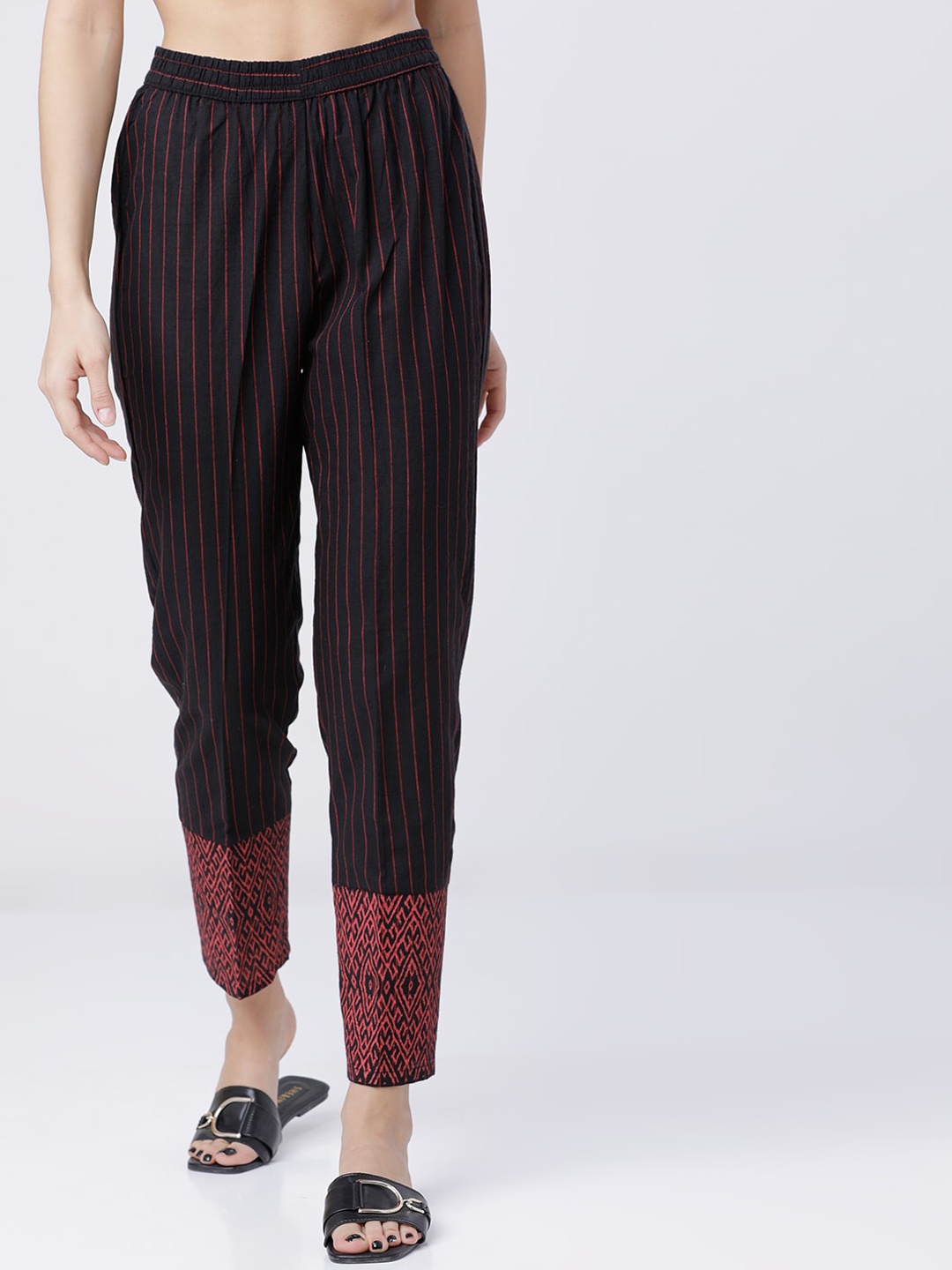 

Vishudh Women Black & Red Slim Fit Striped Peg Trousers