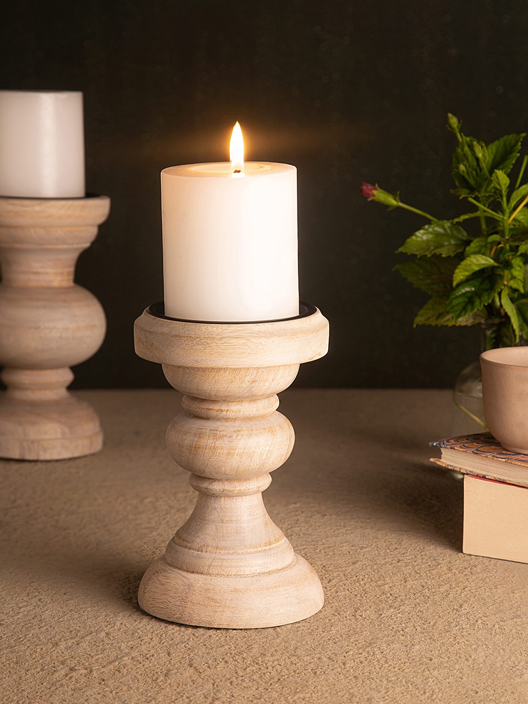 

ellementry Brown Solid Ornate Wooden Candle Stand