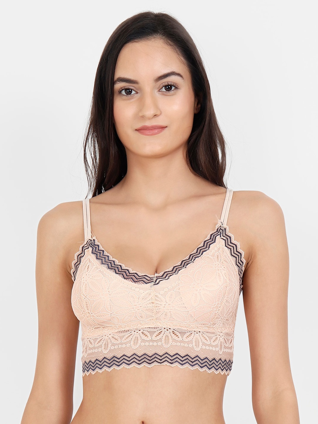 

Lebami Beige & Black Lace Non-Wired Lightly Padded Bralette Bra 622 Skin_30A