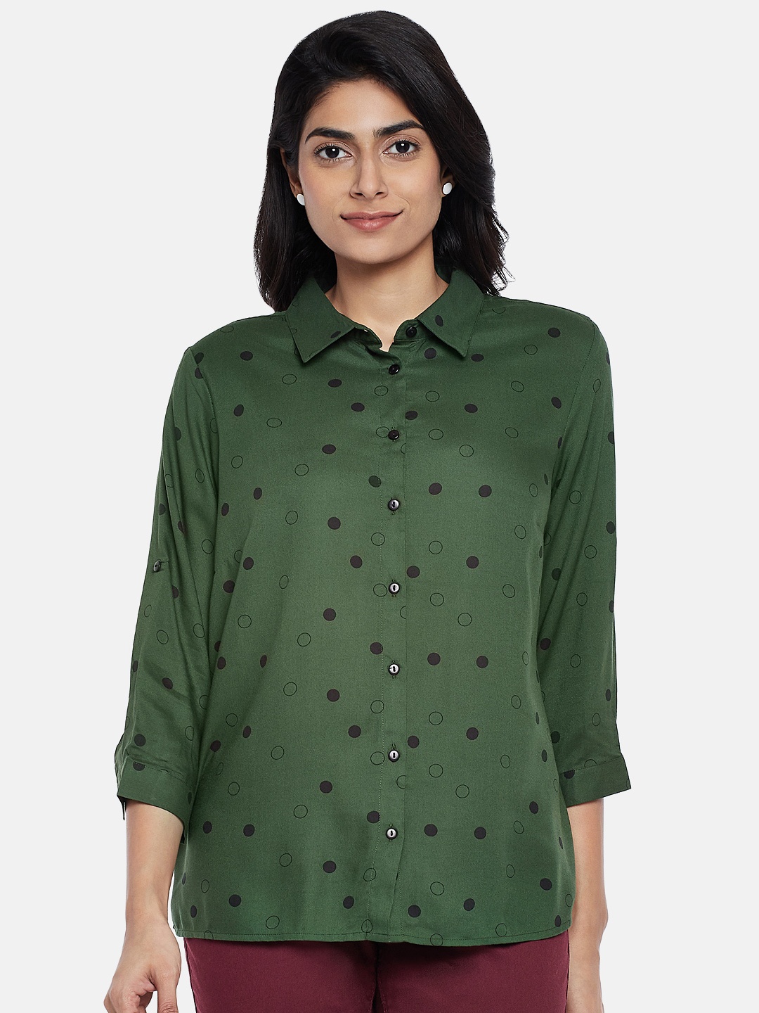 

Honey by Pantaloons Women Olive Green & Black Regular Fit Printed Casual Shirt