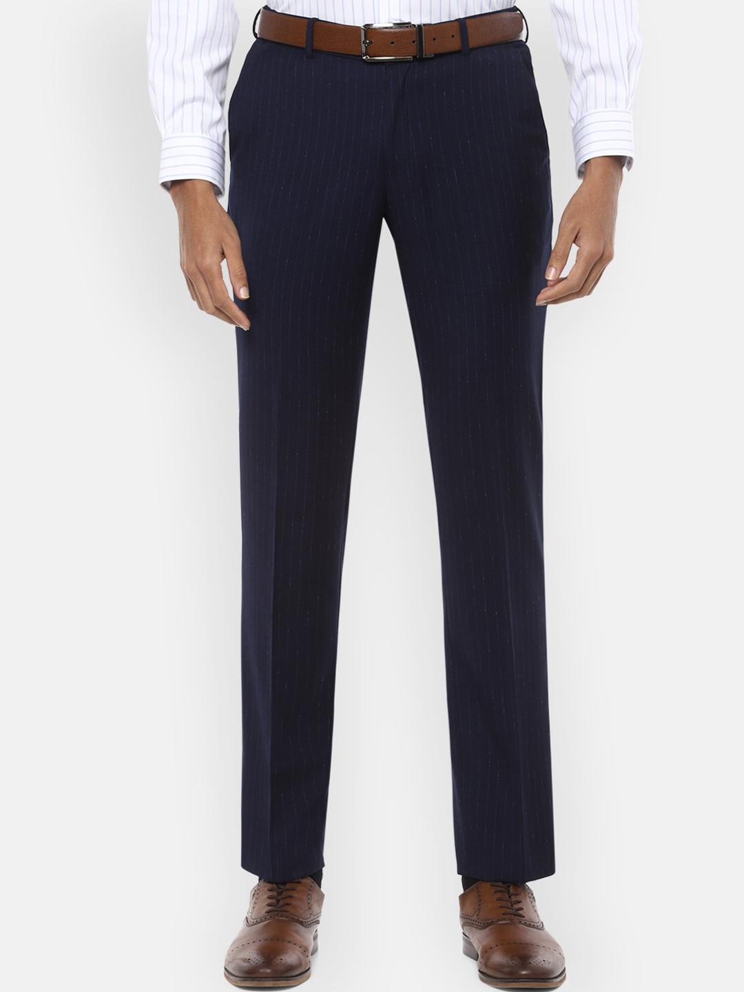 

V Dot Men Navy Blue Skinny Fit Striped Formal Trousers