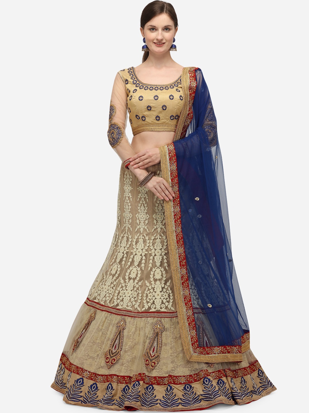 

NAKKASHI Beige & Blue Embroidered Semi-Stitched Lehenga & Blouse with Dupatta