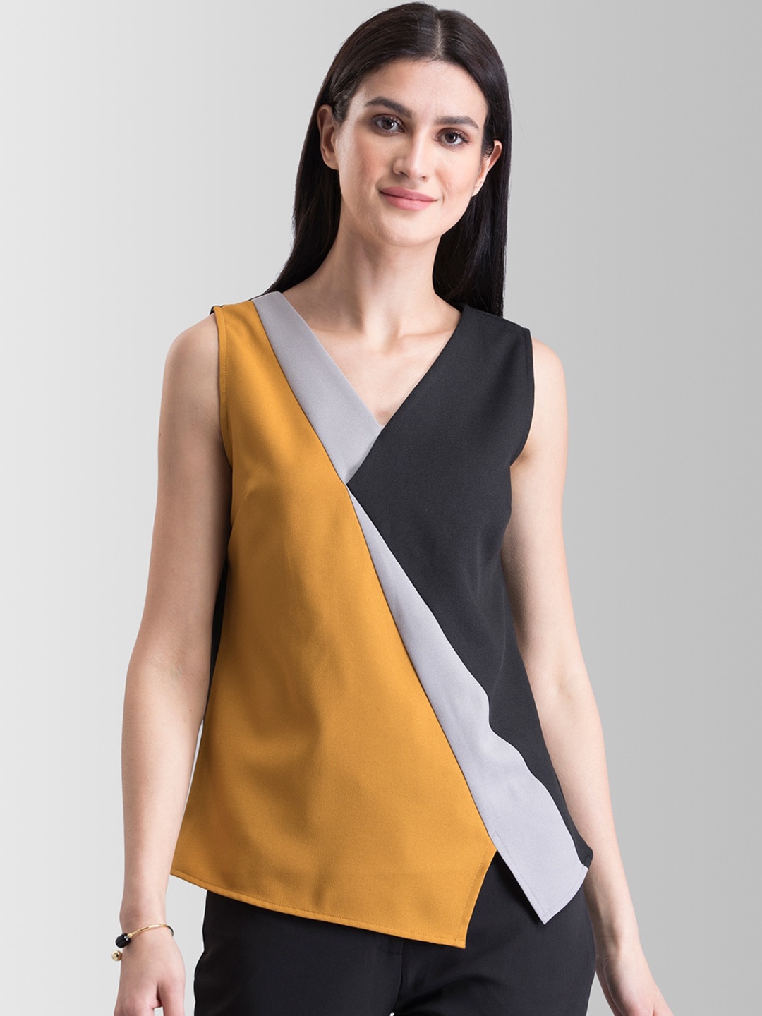 

FableStreet Women Black Colourblocked Top