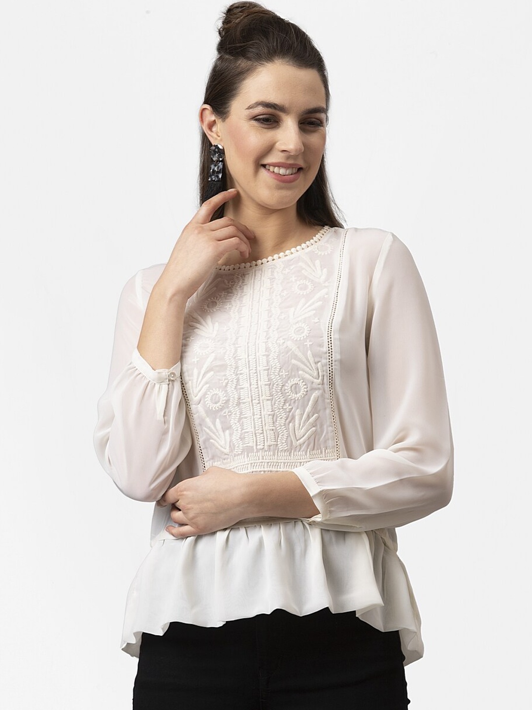 

Style Quotient Off White Embroidered Peplum Top