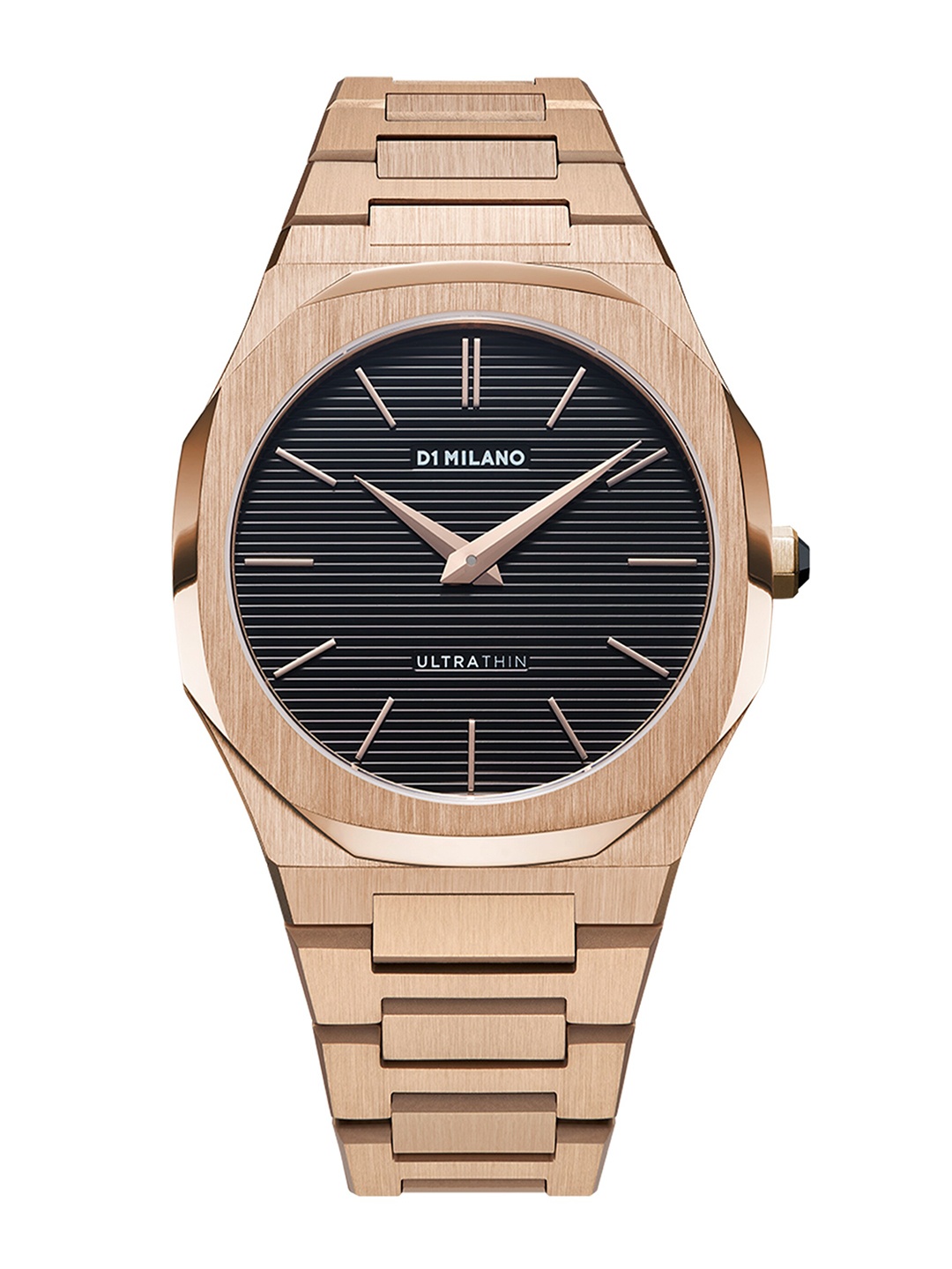 

D1 Milano Men Rose Gold Ultra Thin Bracelet With Engraved Stripes Dial Watch UTBJ16, Black