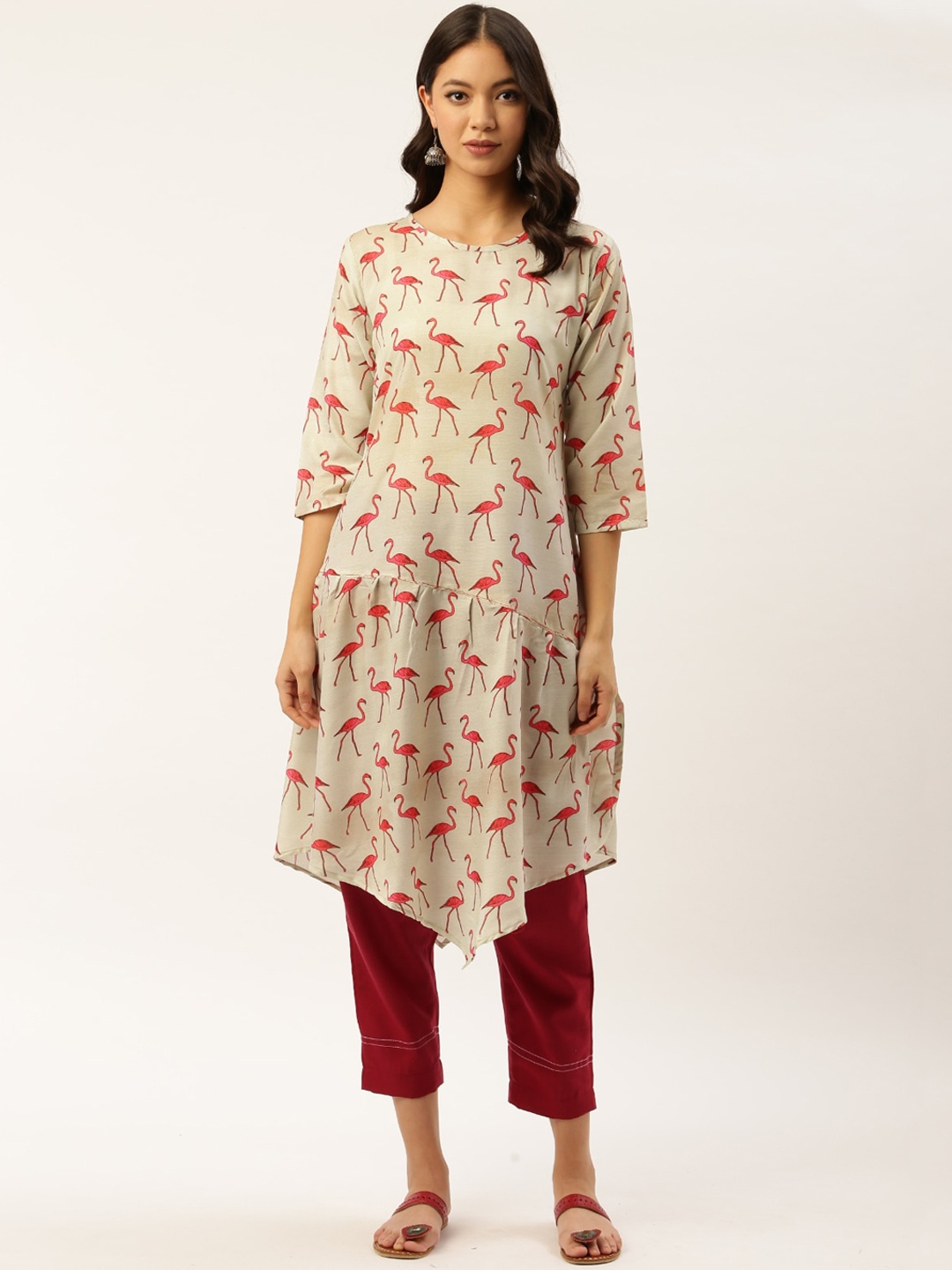 

Shiloh Women Beige Quirky Swan Printed Kurta