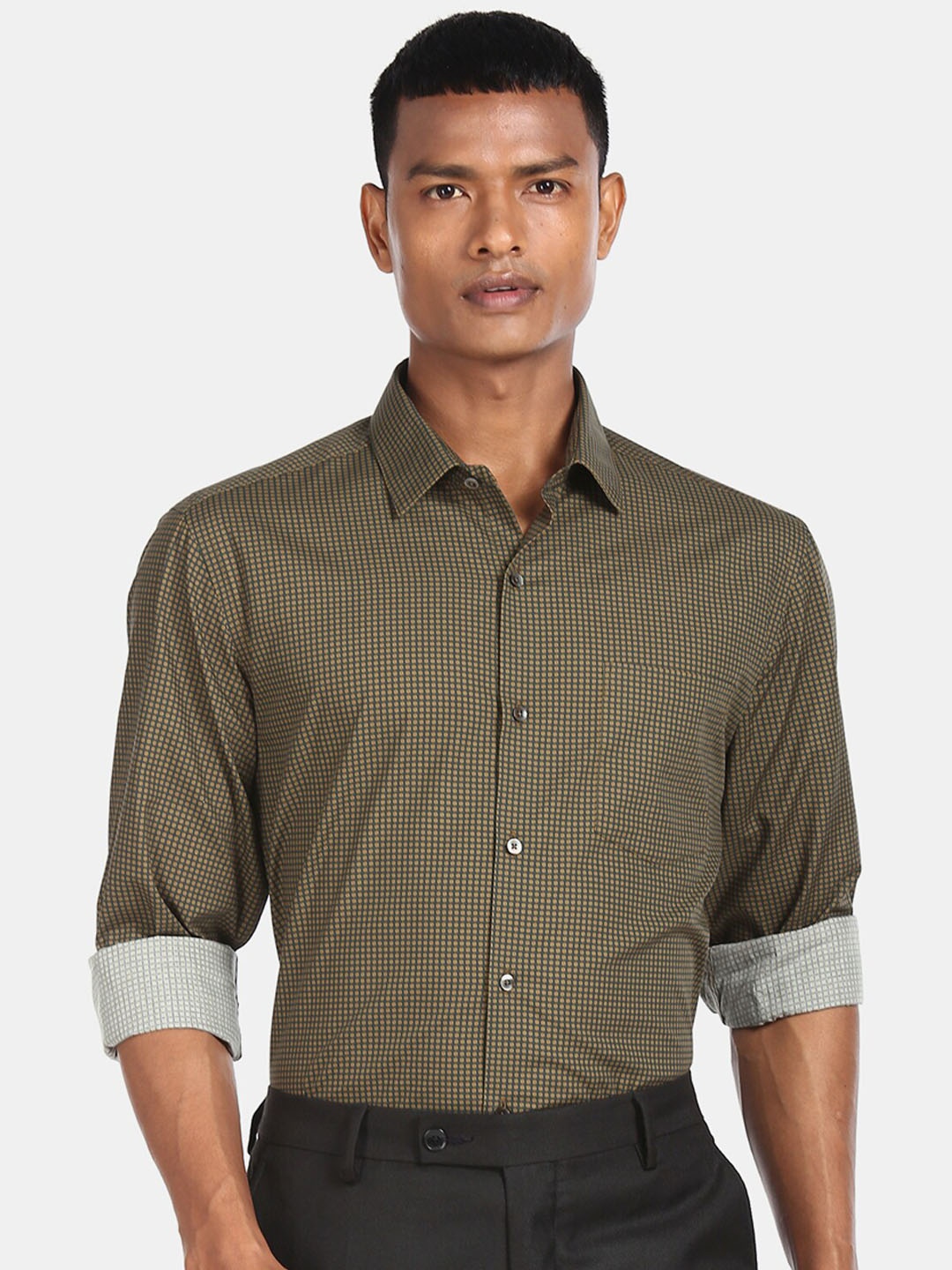 Arrow Men Olive Green Slim Fit Printed Cotton Formal Shirt