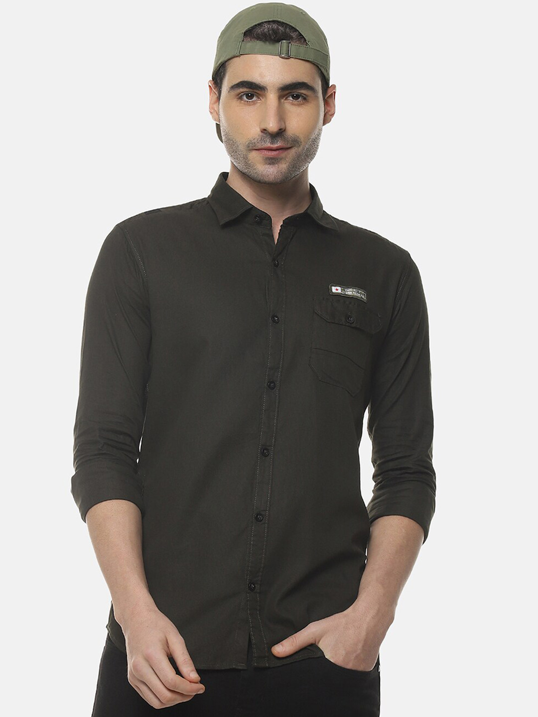 

Campus Sutra Men Olive Green Regular Fit Solid Casual Shirt