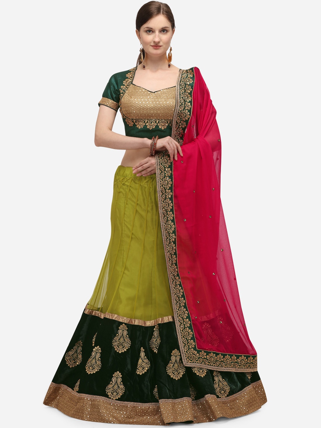 

NAKKASHI Green & Pink Embroidered Semi-Stitched Lehenga & Unstitched Blouse with Dupatta
