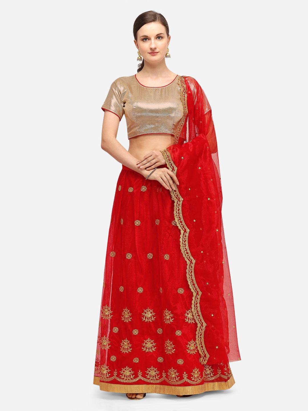 

SAADHVI Red & Gold-Toned Solid Unstitched Lehenga & Blouse with Dupatta