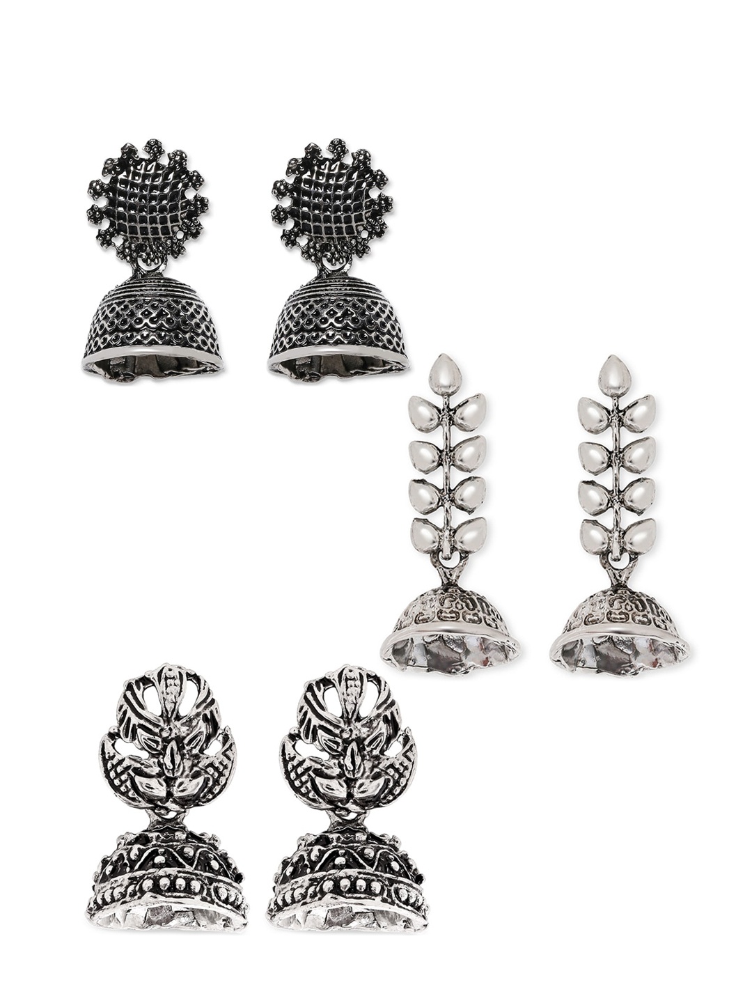 

Mahi Set Of 3 Silver-Toned Rhodium-Plated Dome Shaped Jhumkas