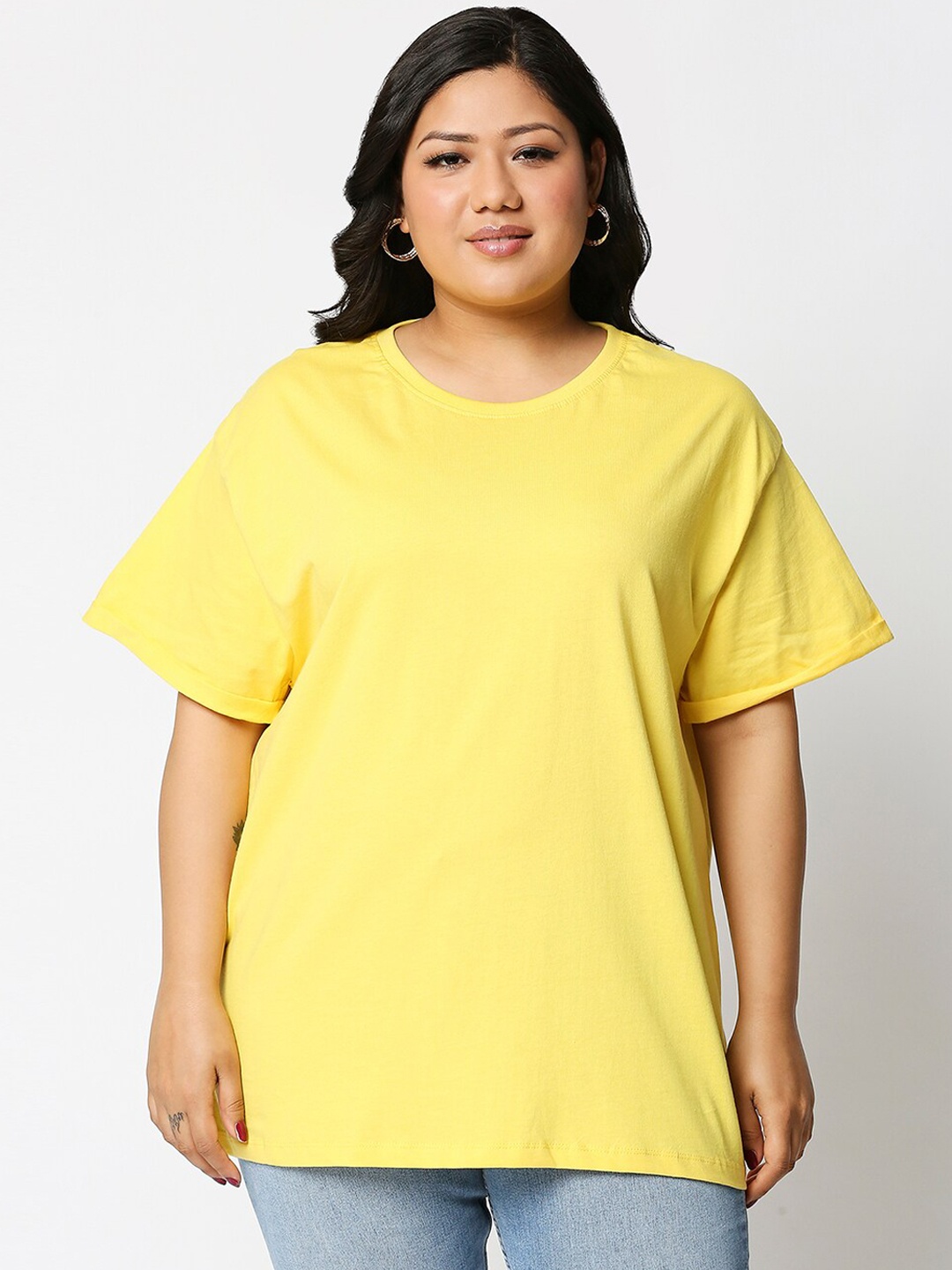 

Bewakoof Plus Women Yellow Solid Round Neck Tshirt
