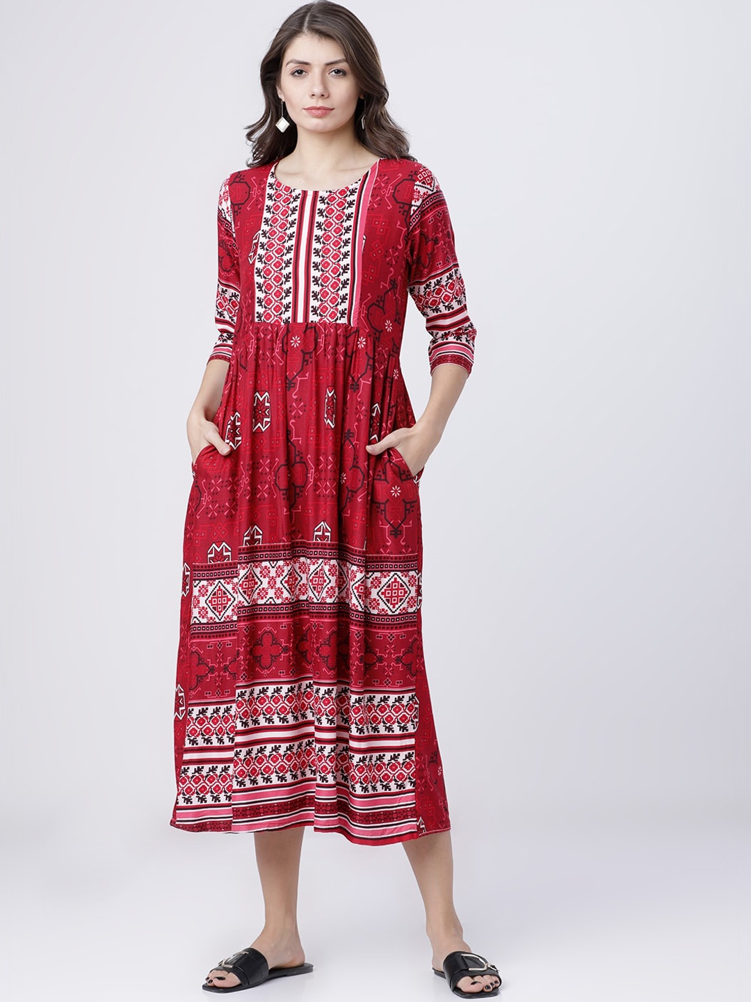 

Vishudh Women Red Printed Fit and Flare Ethnic Dress