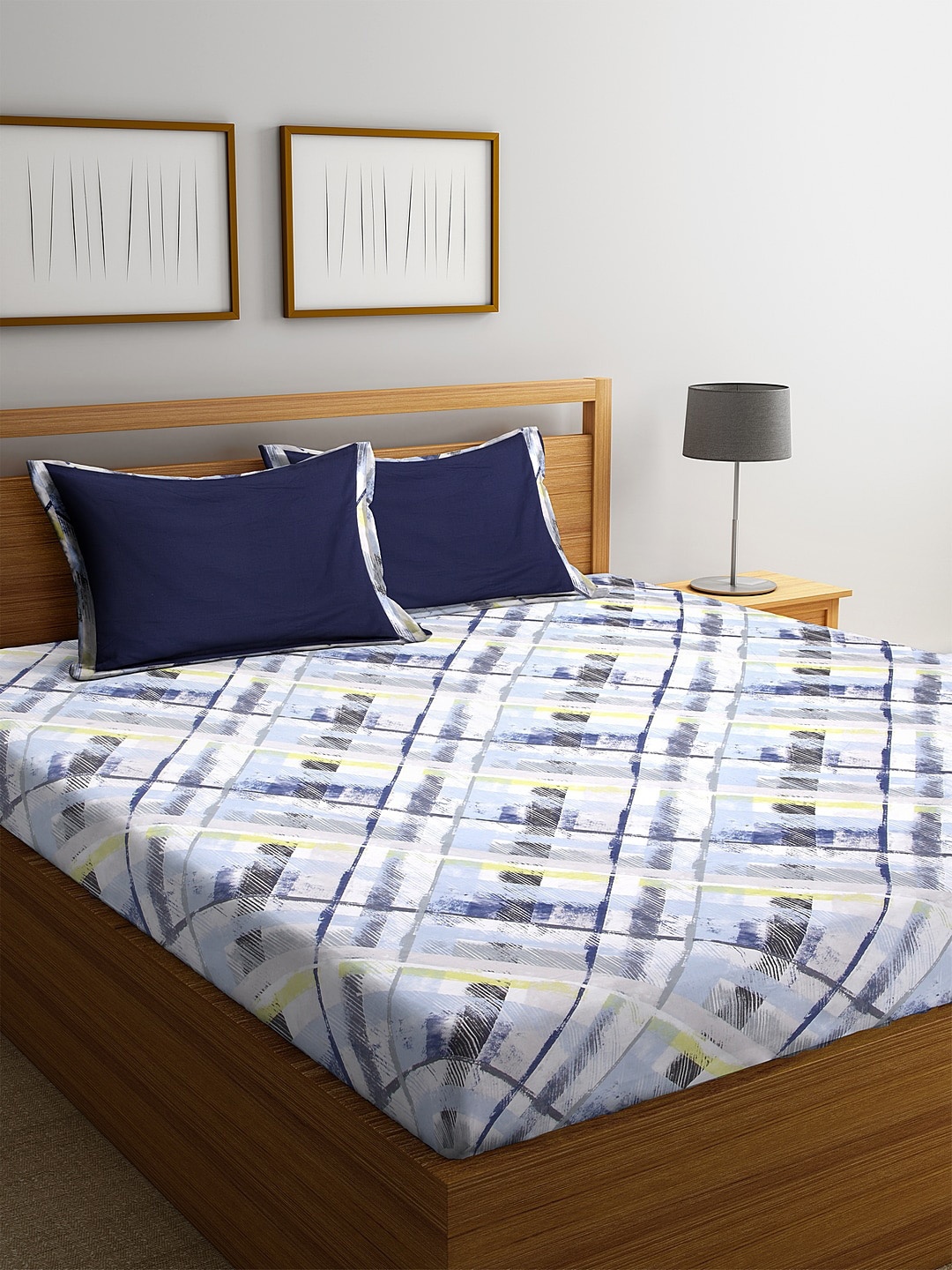 

BOMBAY DYEING Grey & Blue Abstract 144 TC Cotton 1 King Bedsheet with 2 Pillow Covers