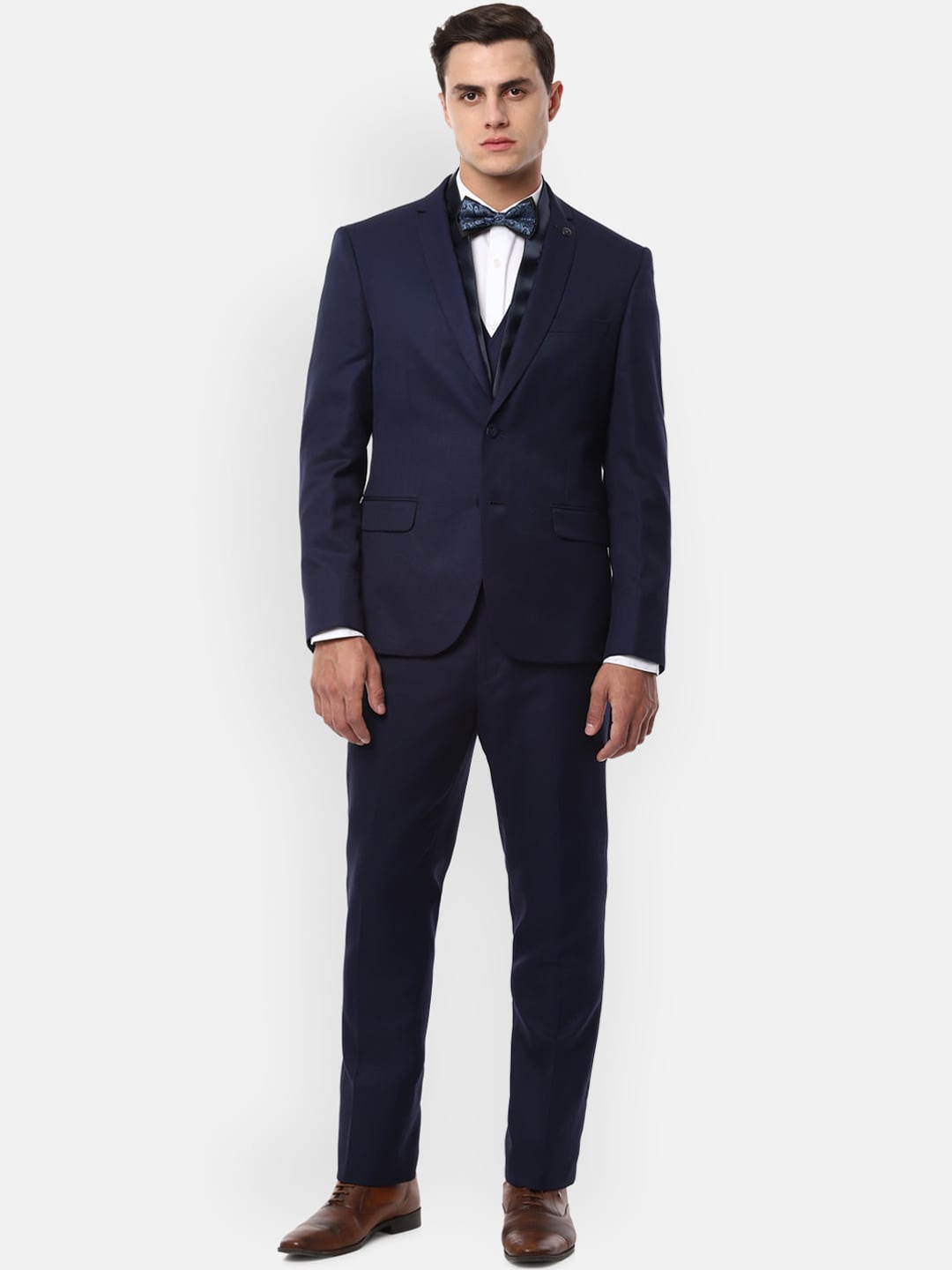 

V Dot Men Blue Solid Skinny-Fit Single-Breasted 4 Piece Formal Suit, Navy blue
