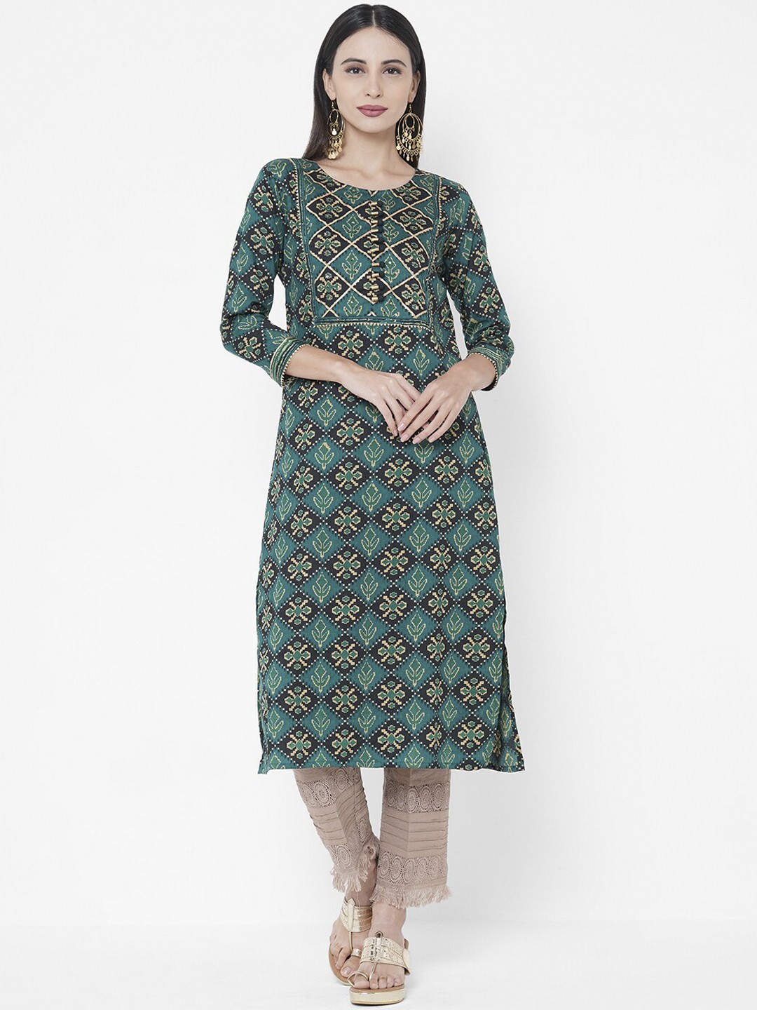 

FASHOR Women Green & Black Ethnic Motifs A-Line Kurta