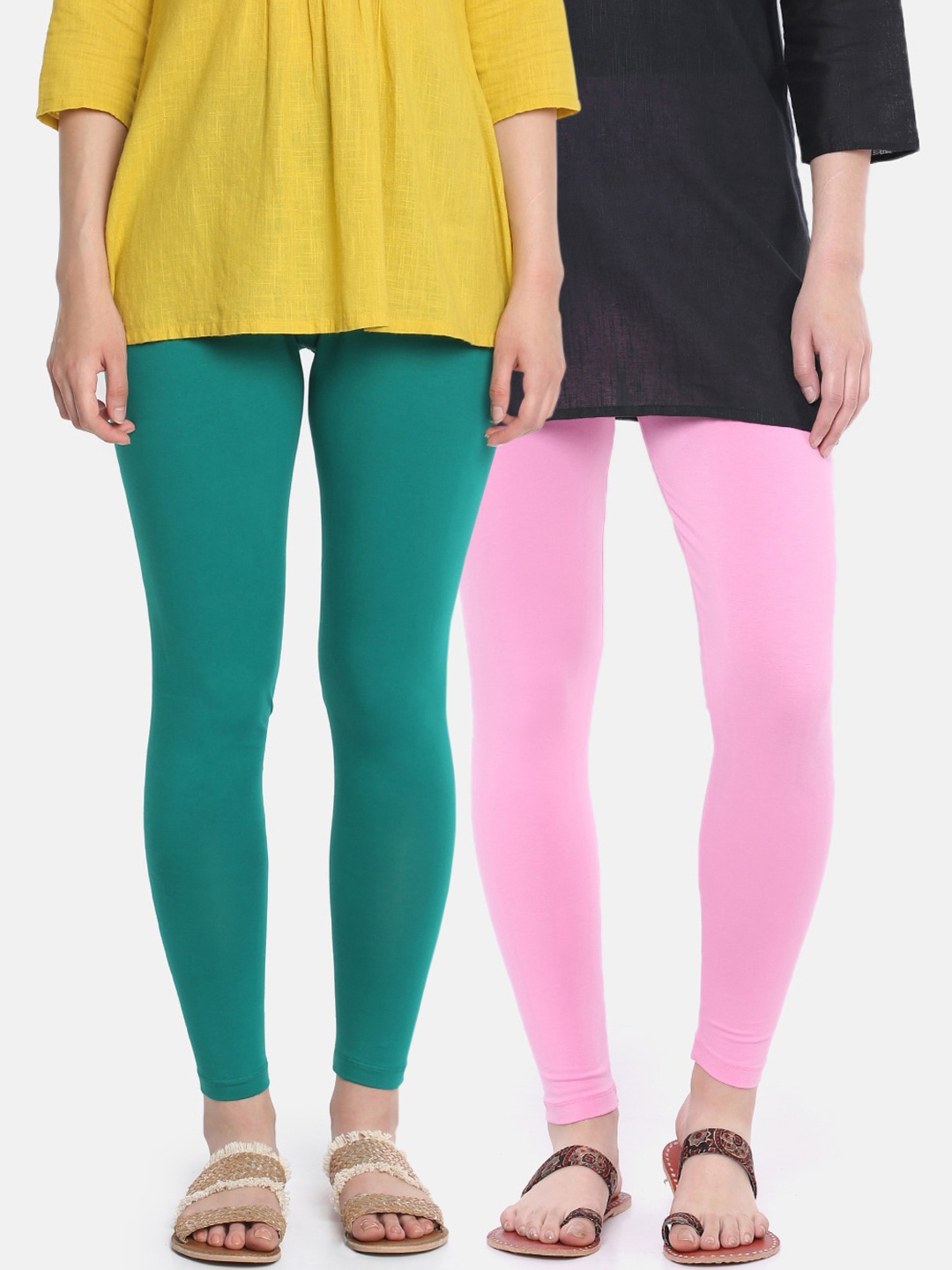 

Dollar Missy Women Green & Pink Solid Pack Of 2 Slim-Fit Ankle-Length Leggings, Teal