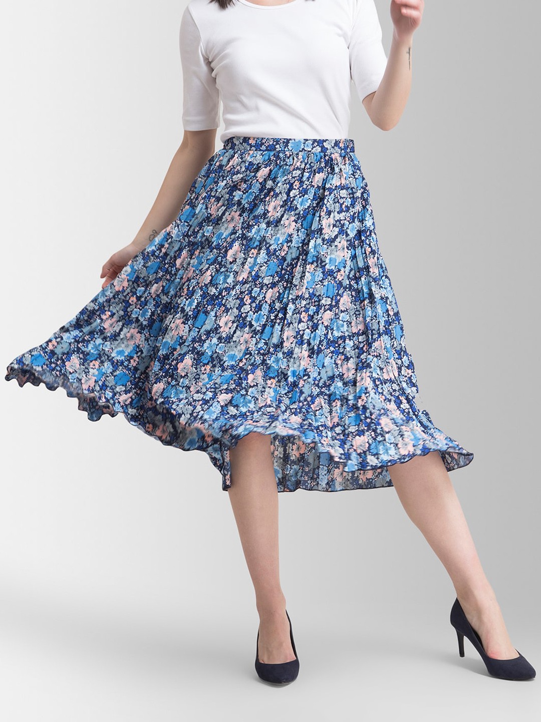 

FableStreet Blue & Pink Floral Printed Pleated A-Line Midi Skirt