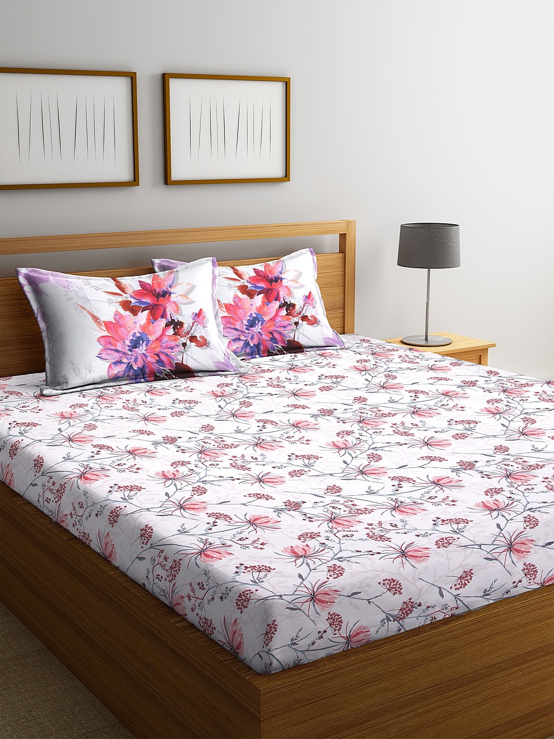 

BOMBAY DYEING White & Pink Floral 160 TC Cotton 1 King Bedsheet with 2 Pillow Covers
