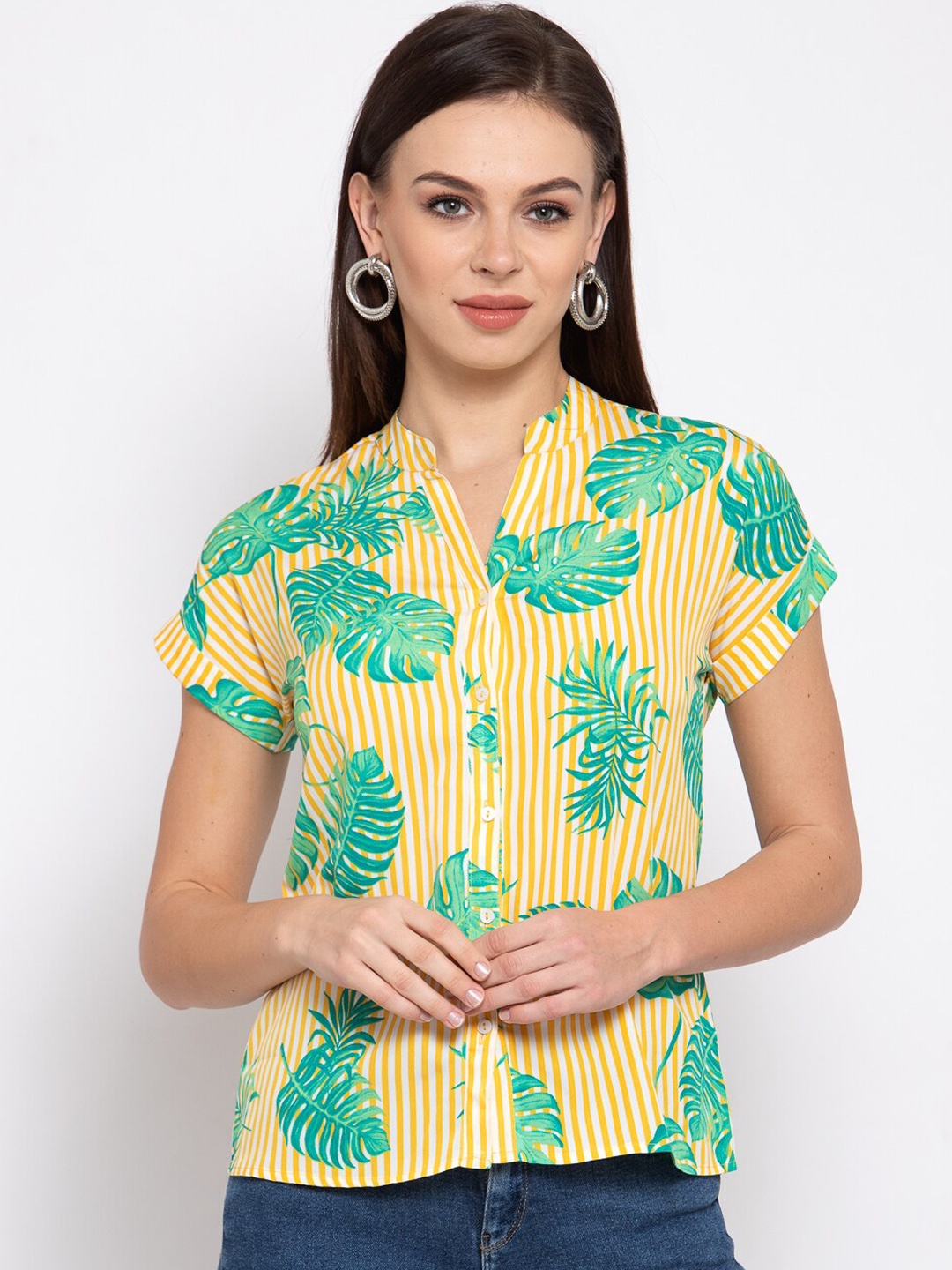 

Style Quotient Women Yellow & Green Tropical Printed Casual Shirt