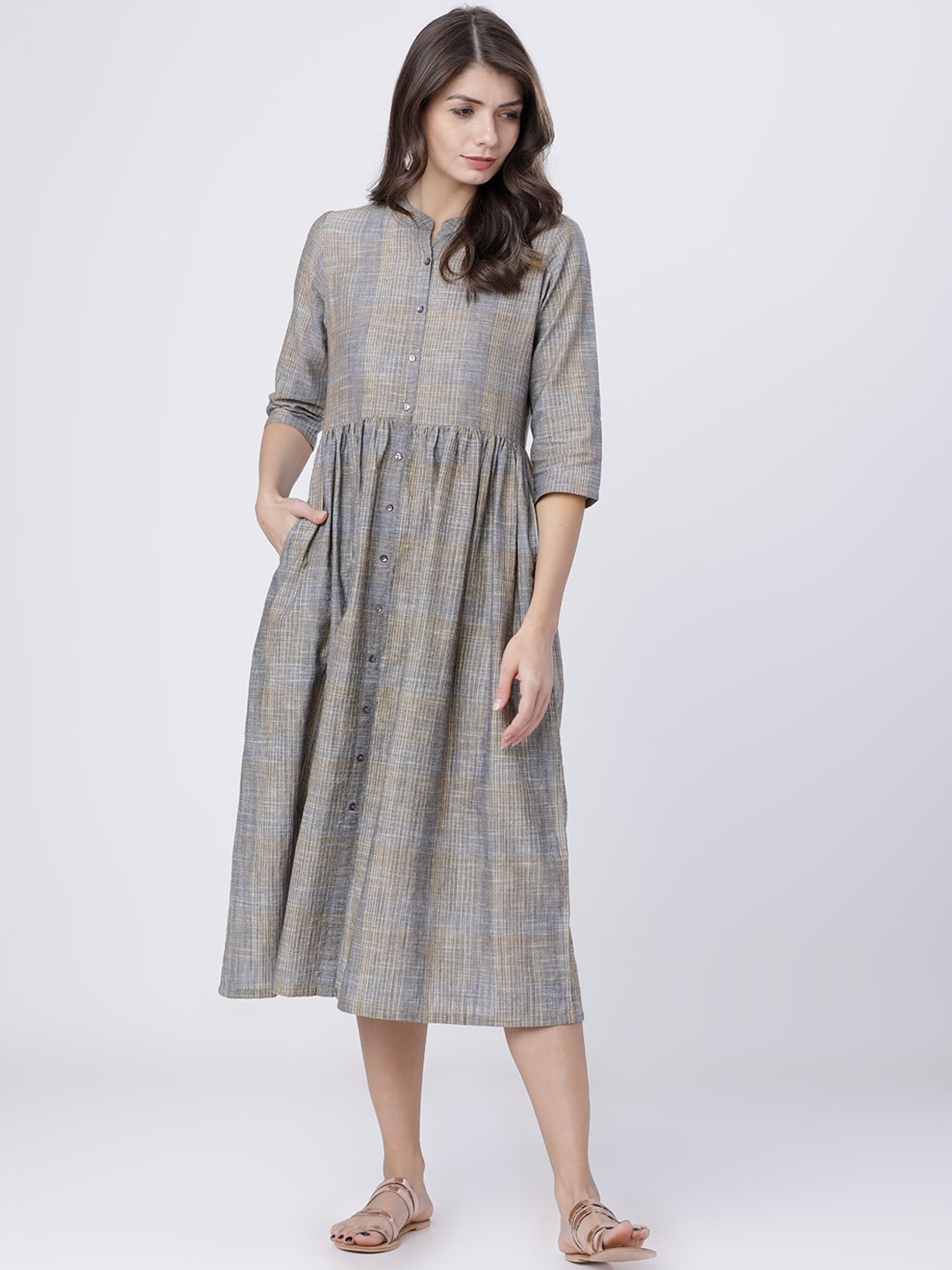 

Vishudh Women Grey Checked Shirt Dress