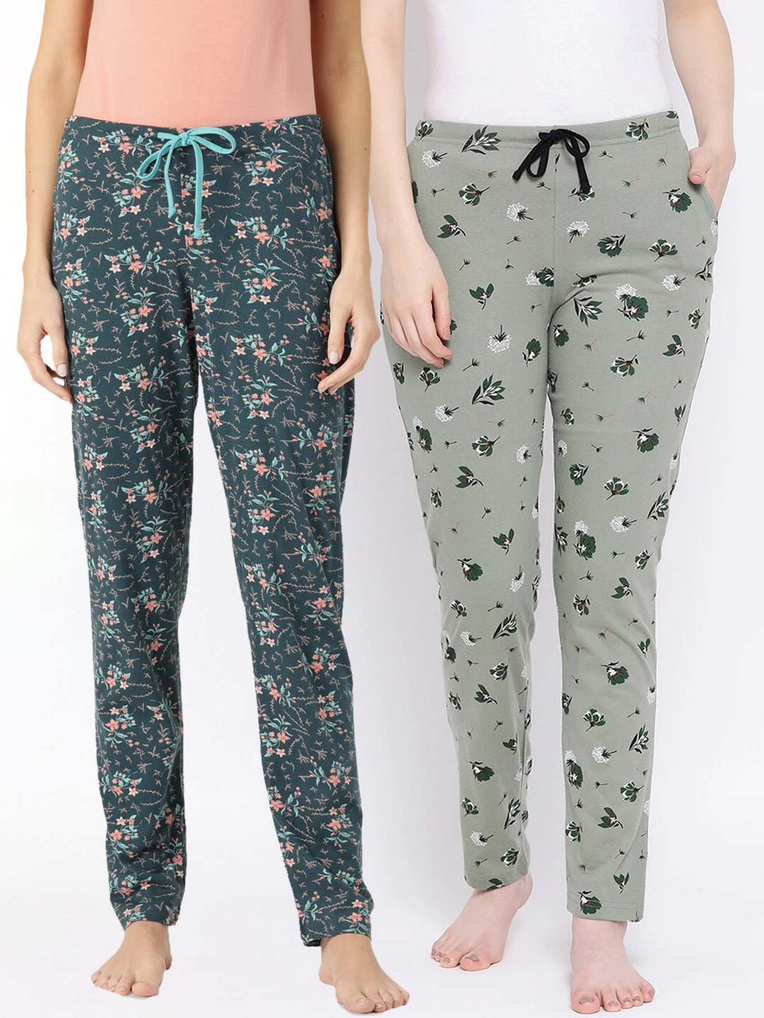 

Kanvin Women Pack Of 2 Floral Printed Lounge Pants, Green