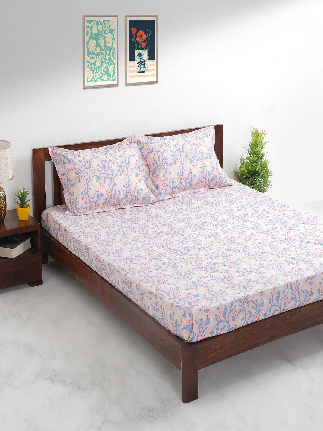 

Chumbak Pink & Blue Floral 144 TC Cotton 1 Queen Bedsheet with 2 Pillow Covers