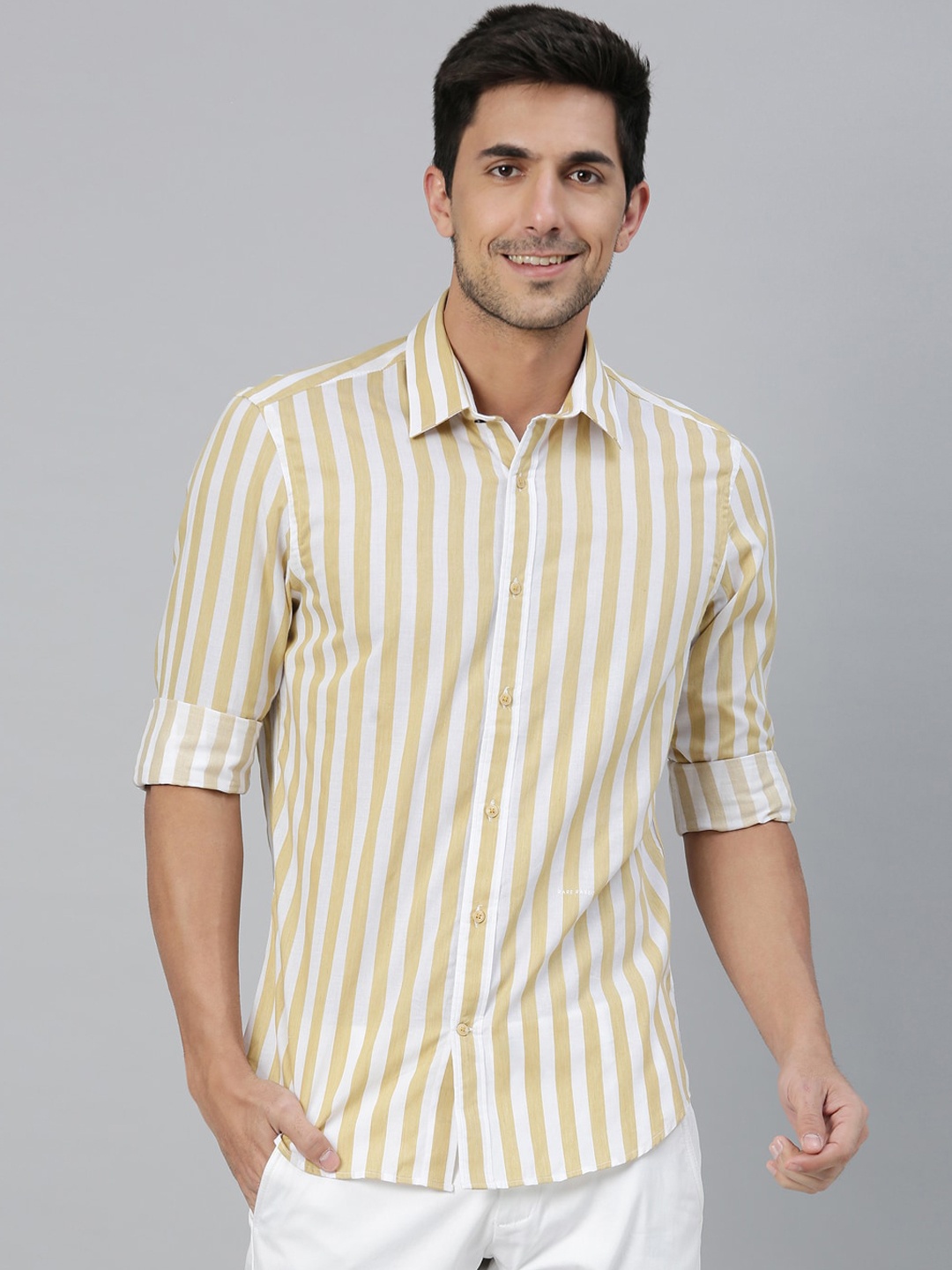 

RARE RABBIT Men Sirius Regular Fit Striped Shirt, Mustard