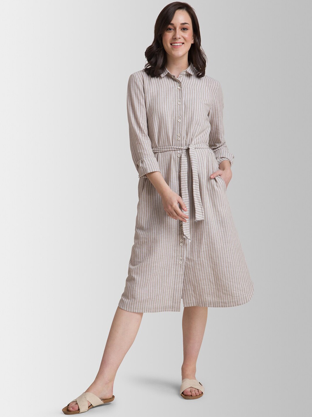 

FableStreet Women Beige Striped Shirt Dress