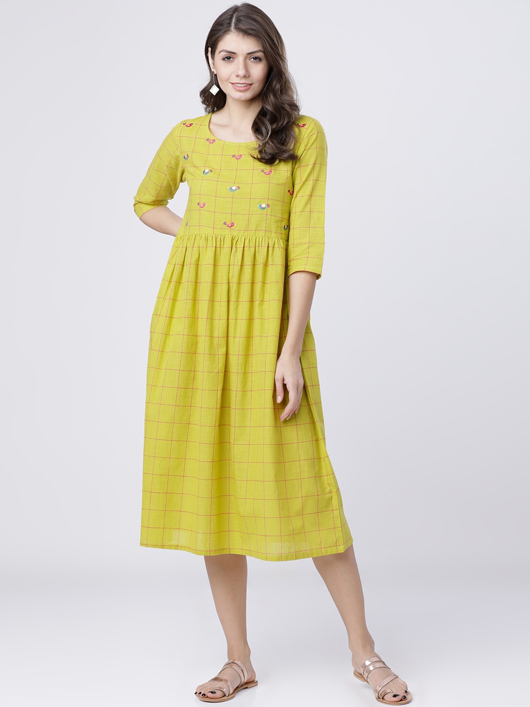 

Vishudh Women Lime Green Checked Fit and Flare Dress