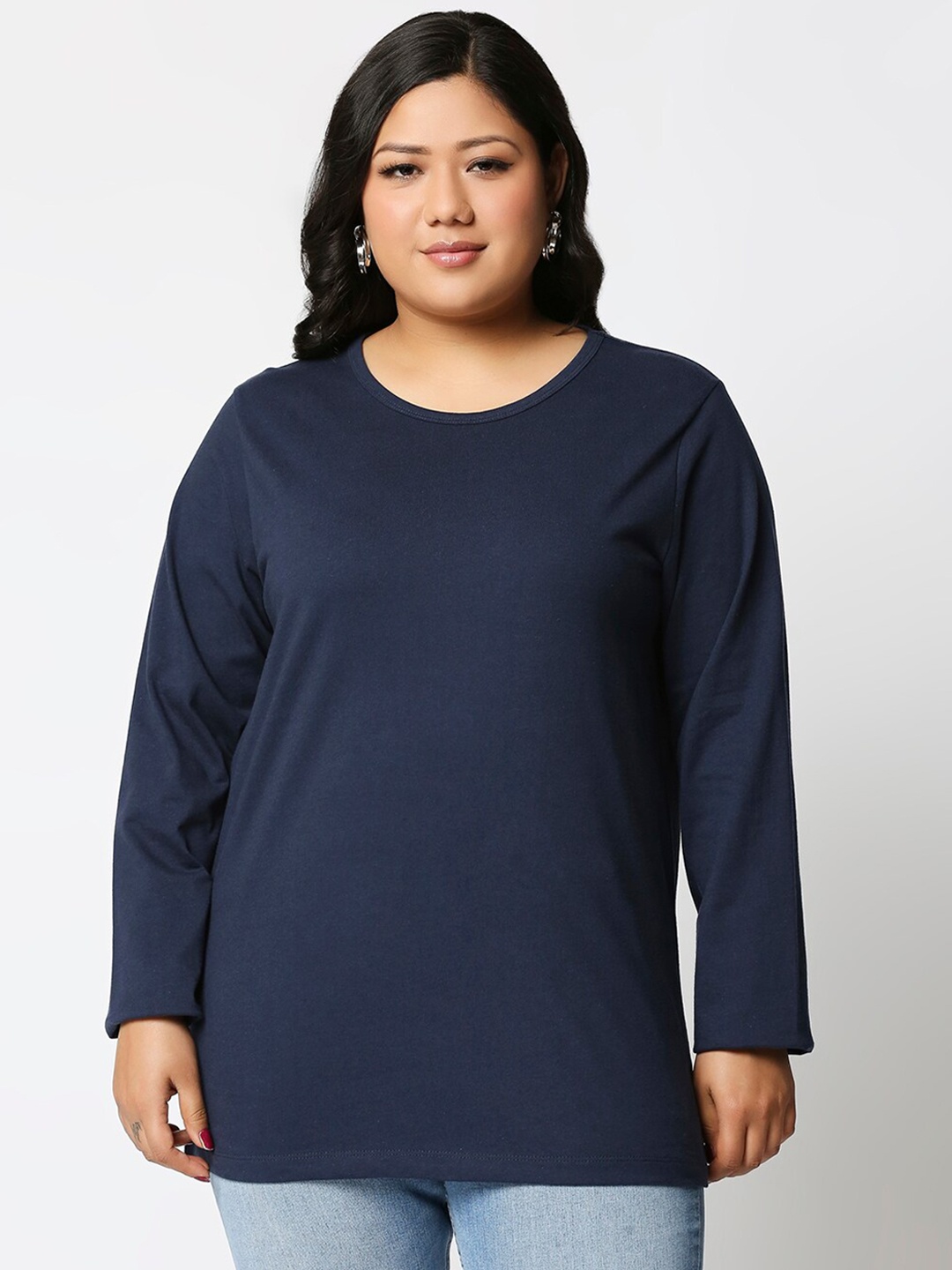 

Bewakoof Plus Women Slim Fit Solid Round Neck T-shirt, Blue