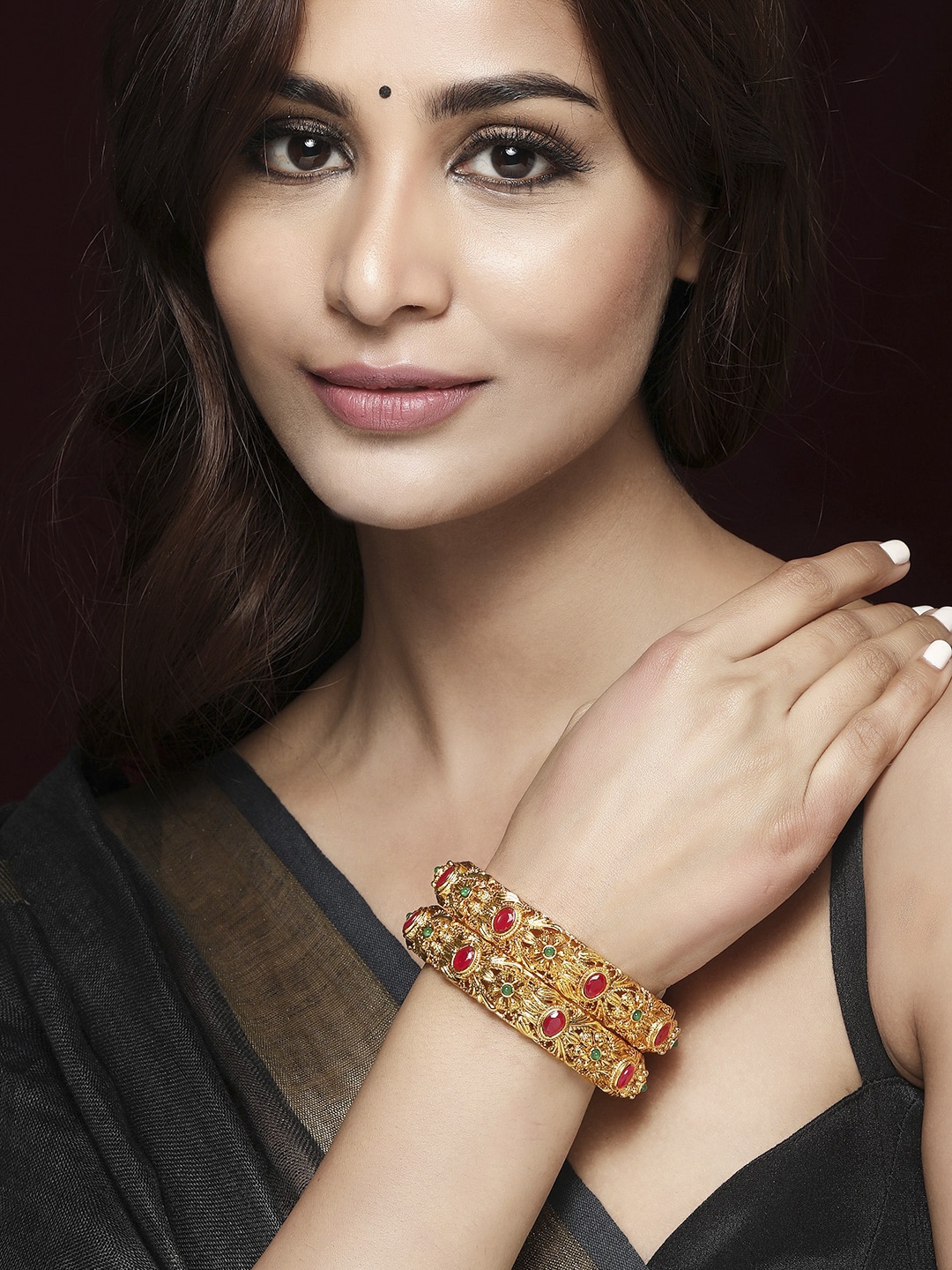 Rubans Set Of 2 24K Gold-Plated Red & Green Ruby-Studded Filgree Handcrafted Bangles