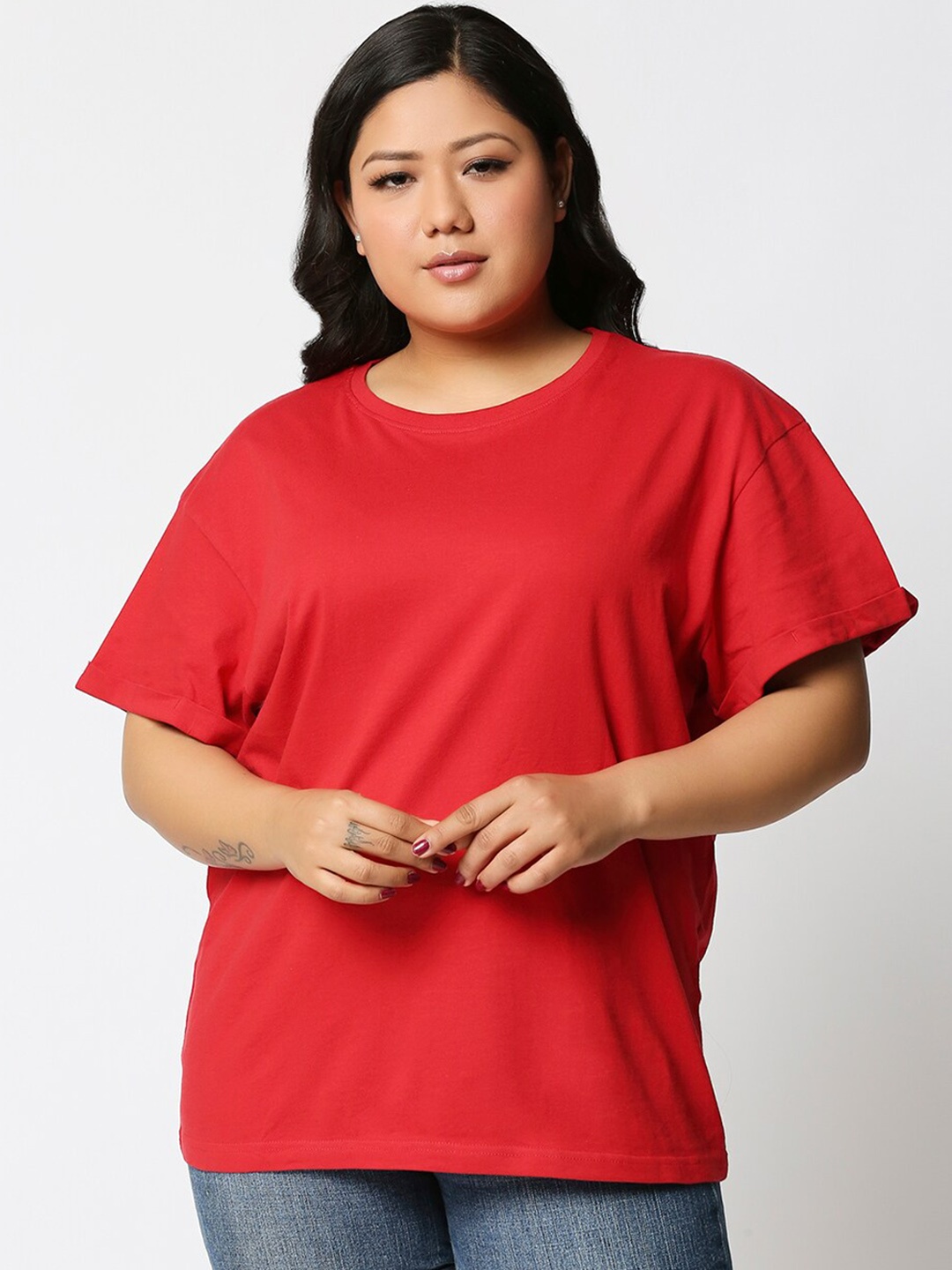 

Bewakoof Plus Women Red Solid Round Neck Boyfriend T-Shirt