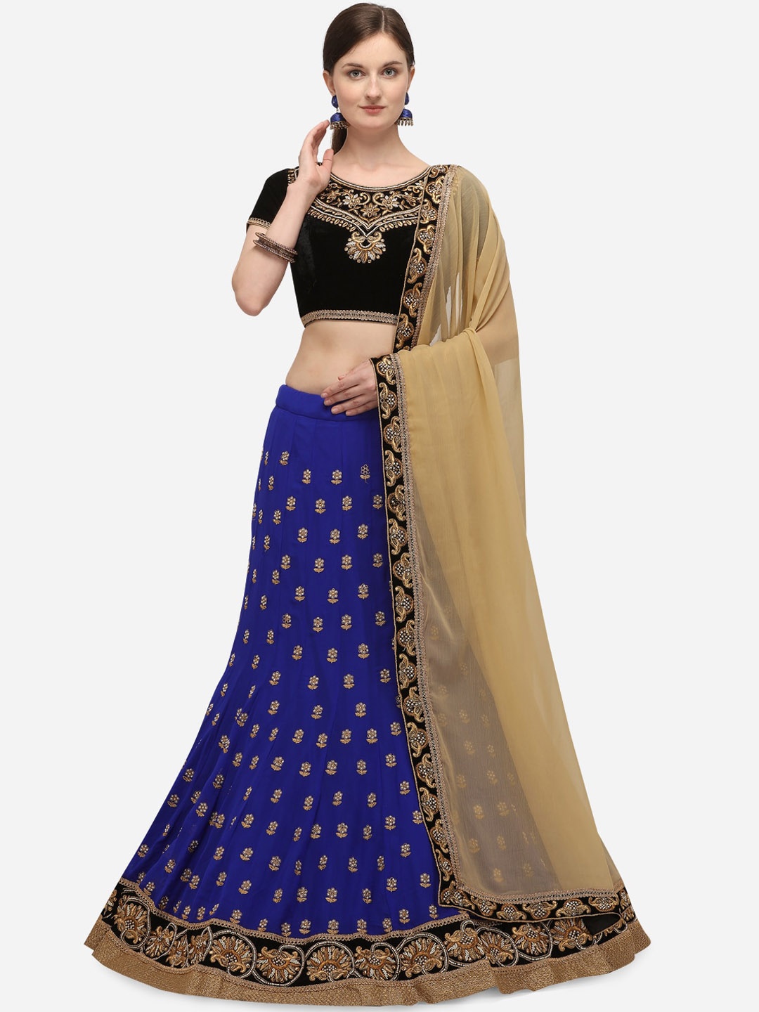 

NAKKASHI Blue & Black Embellished Semi-Stitched Lehenga & Blouse with Dupatta